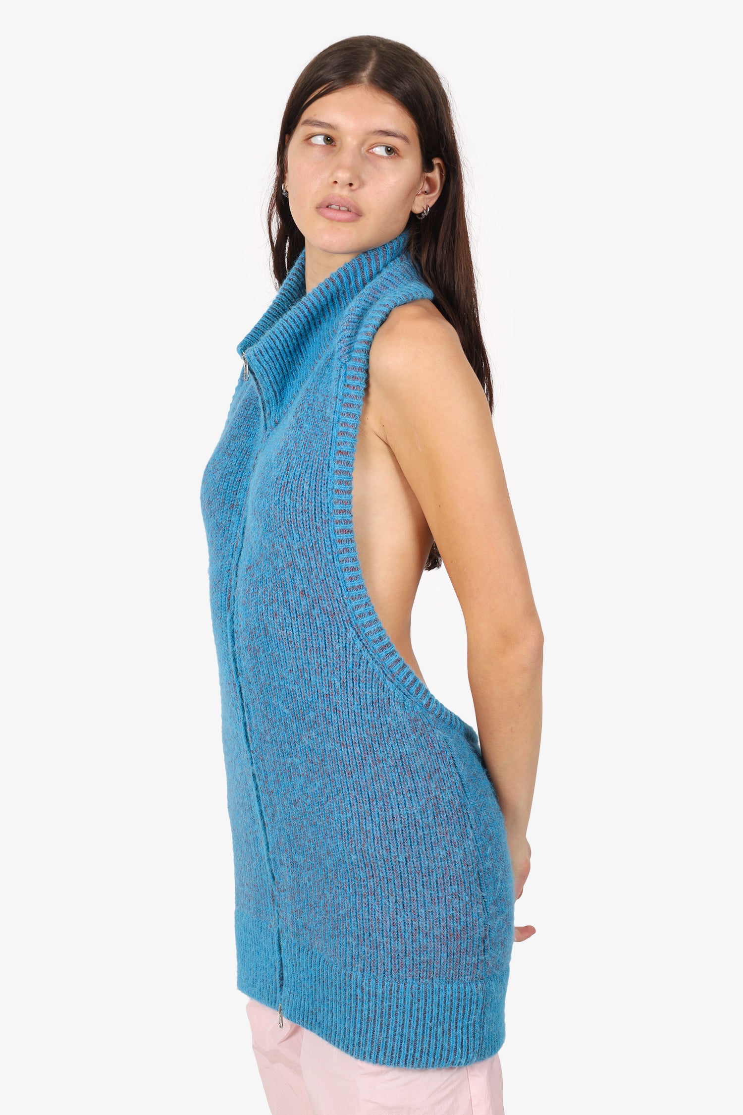 MM6 Maison Margiela Blue Knit Open-back Zip-up Sleeveless Sweater Size M