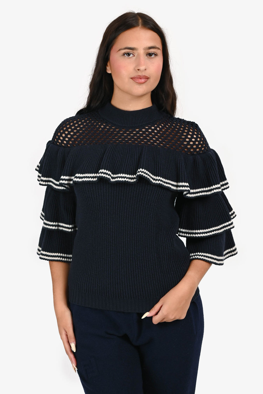 Self-Portrait Navy/White Ruffled Knit Sweater Size S