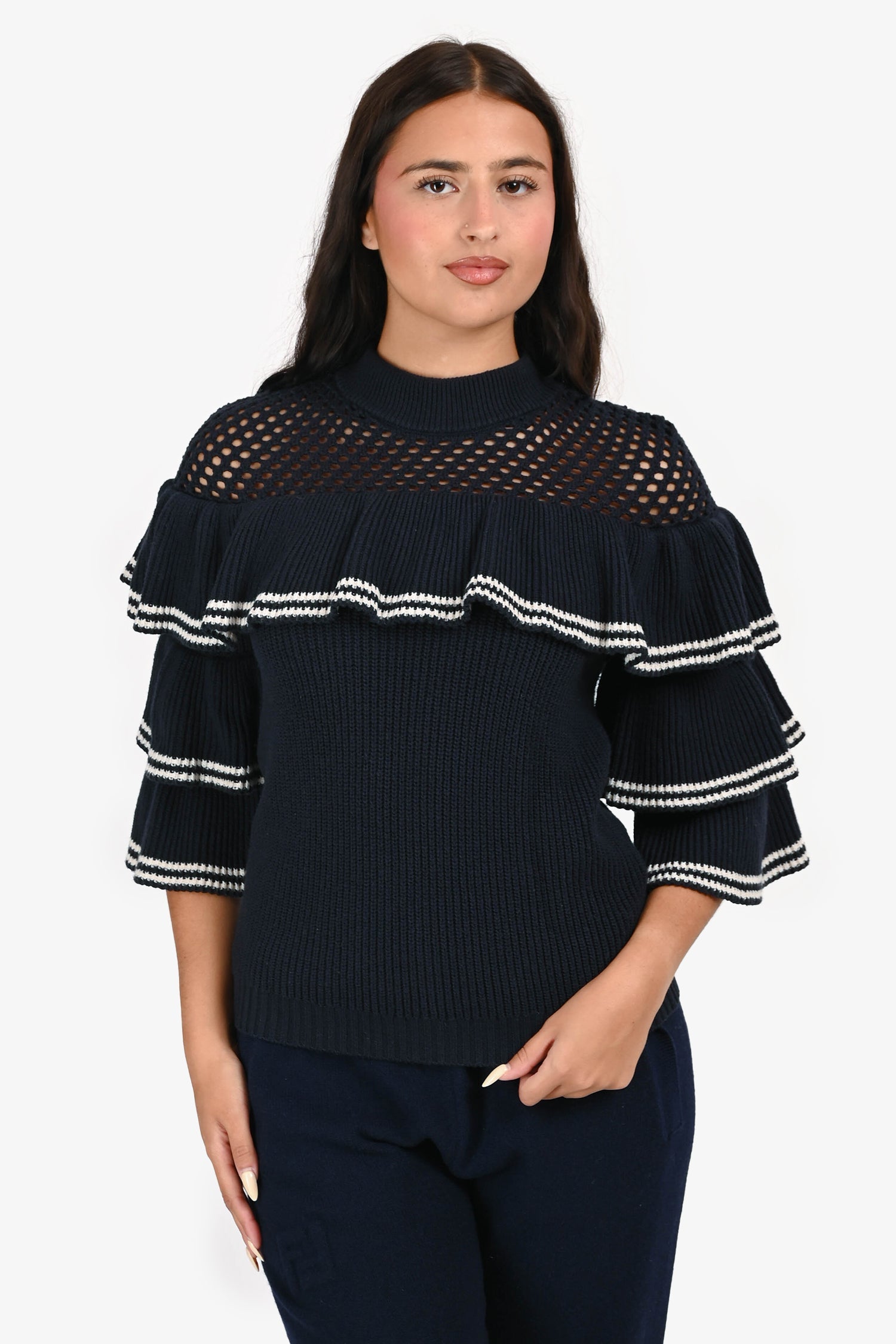 Self-Portrait Navy/White Ruffled Knit Sweater Size S