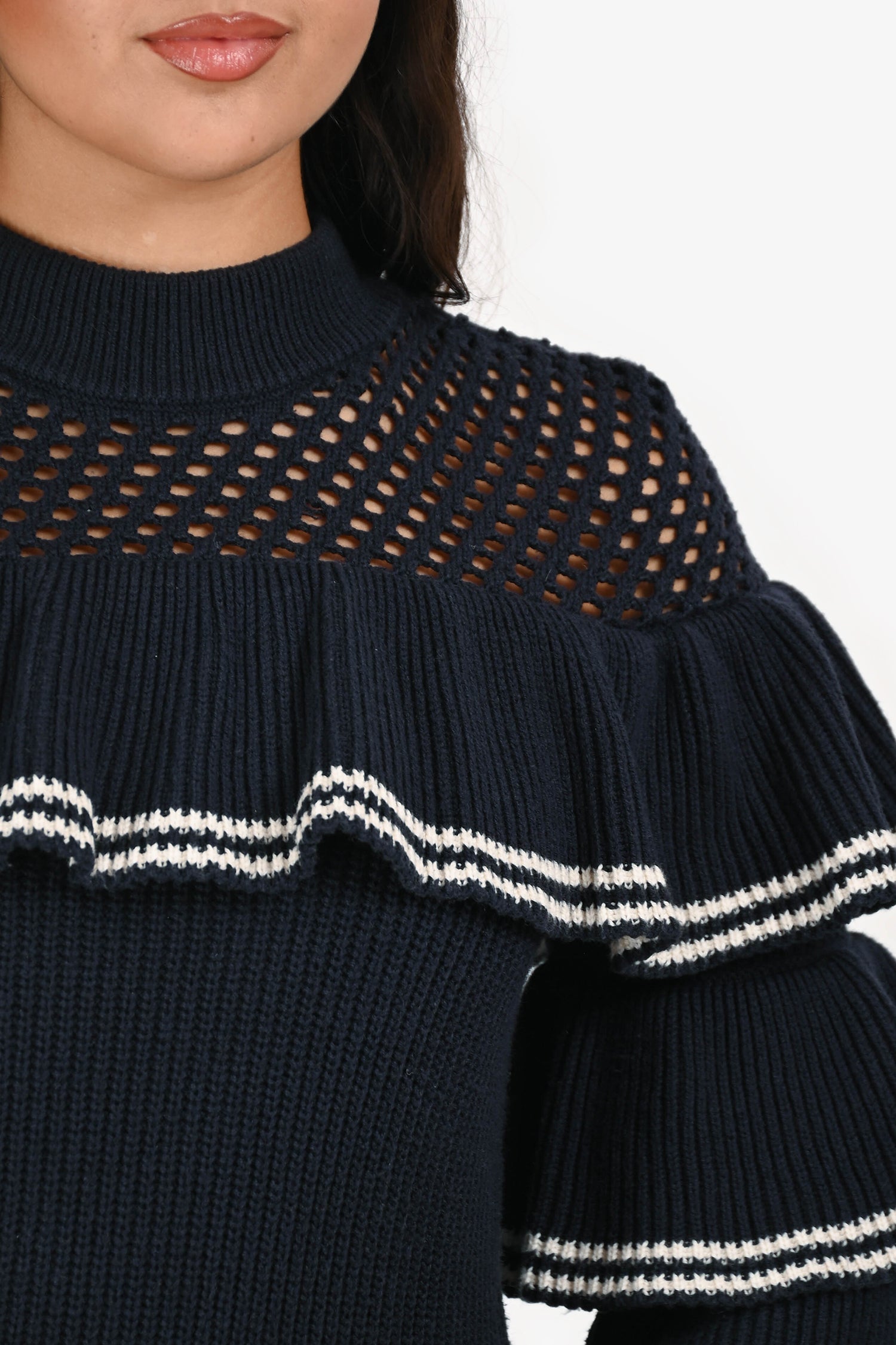 Self-Portrait Navy/White Ruffled Knit Sweater Size S