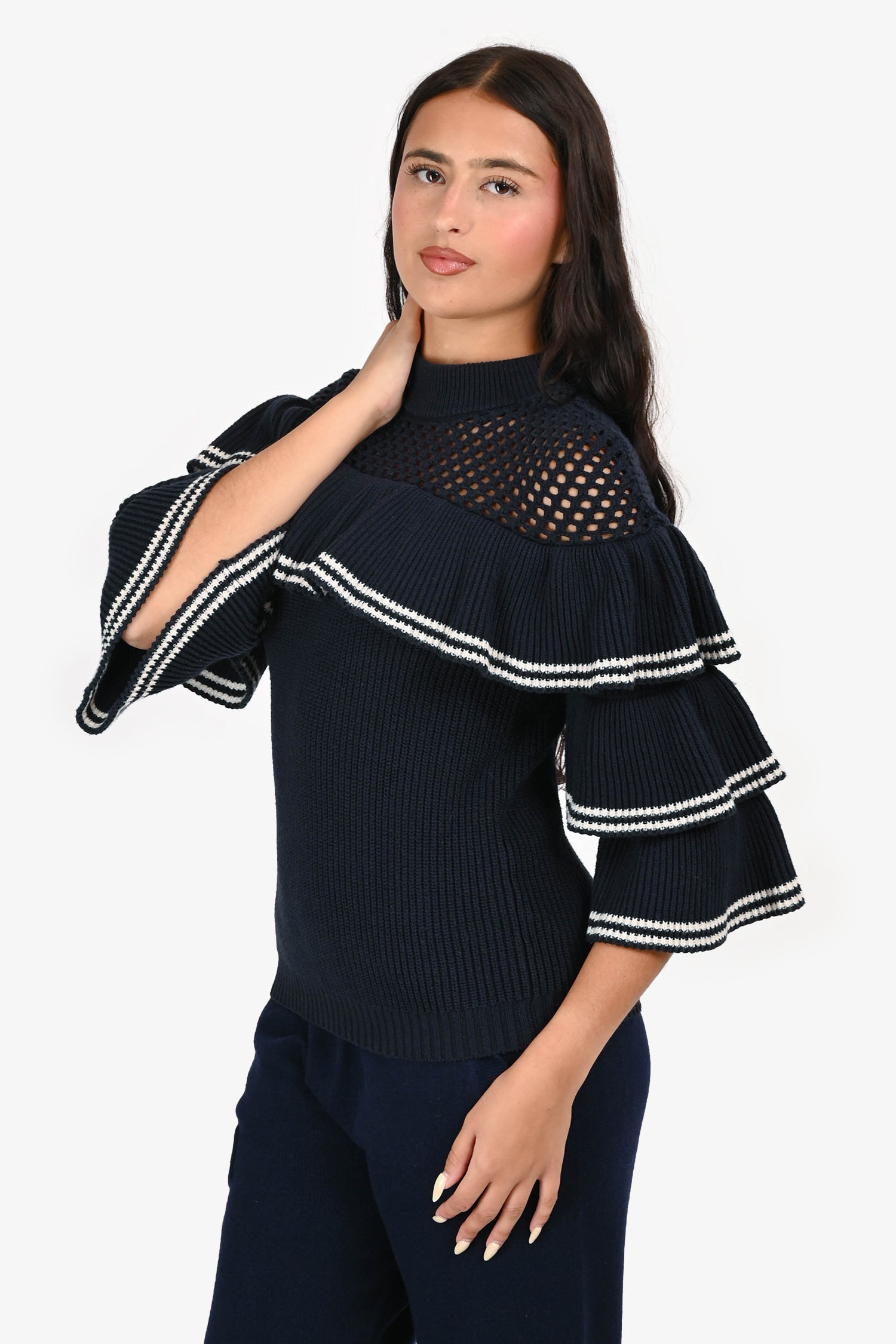 Self-Portrait Navy/White Ruffled Knit Sweater Size S
