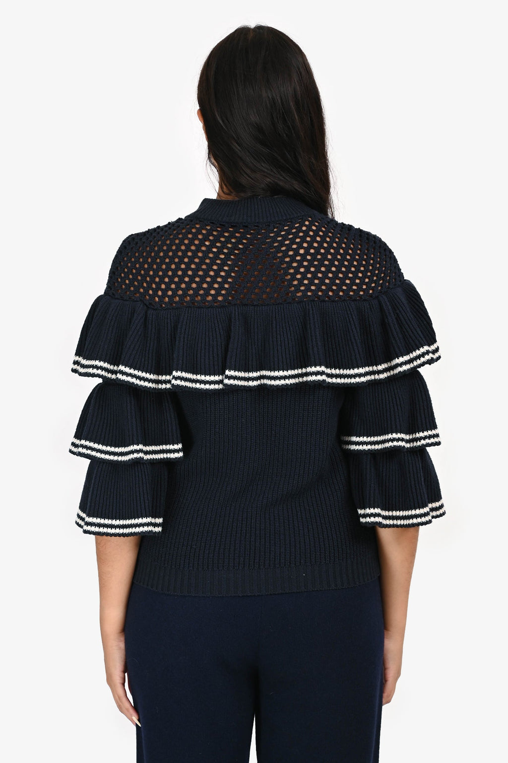 Self-Portrait Navy/White Ruffled Knit Sweater Size S