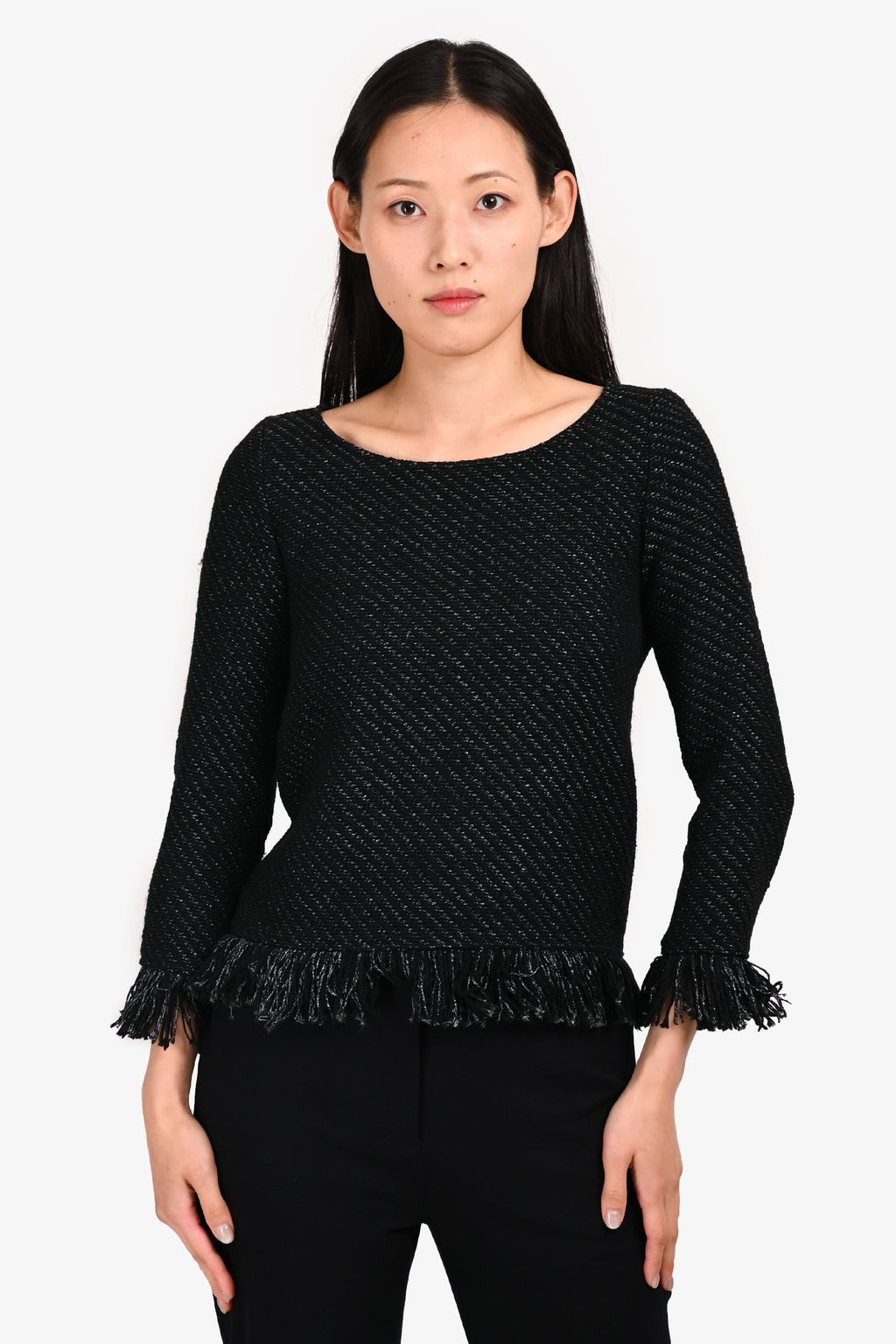 Maje Black/Silver Tweed Fringe Sweater Size 1