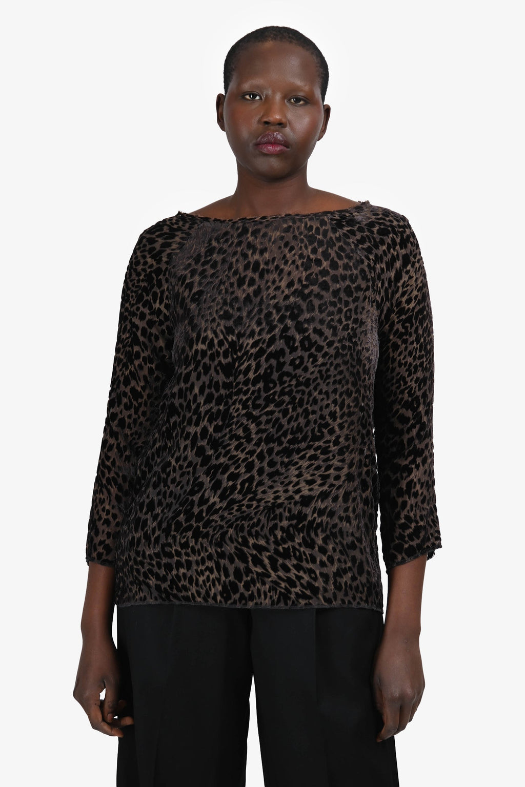 Nili Lotan Grey/Black Velvet Leopard Print Long Sleeve Sheer Top Size M