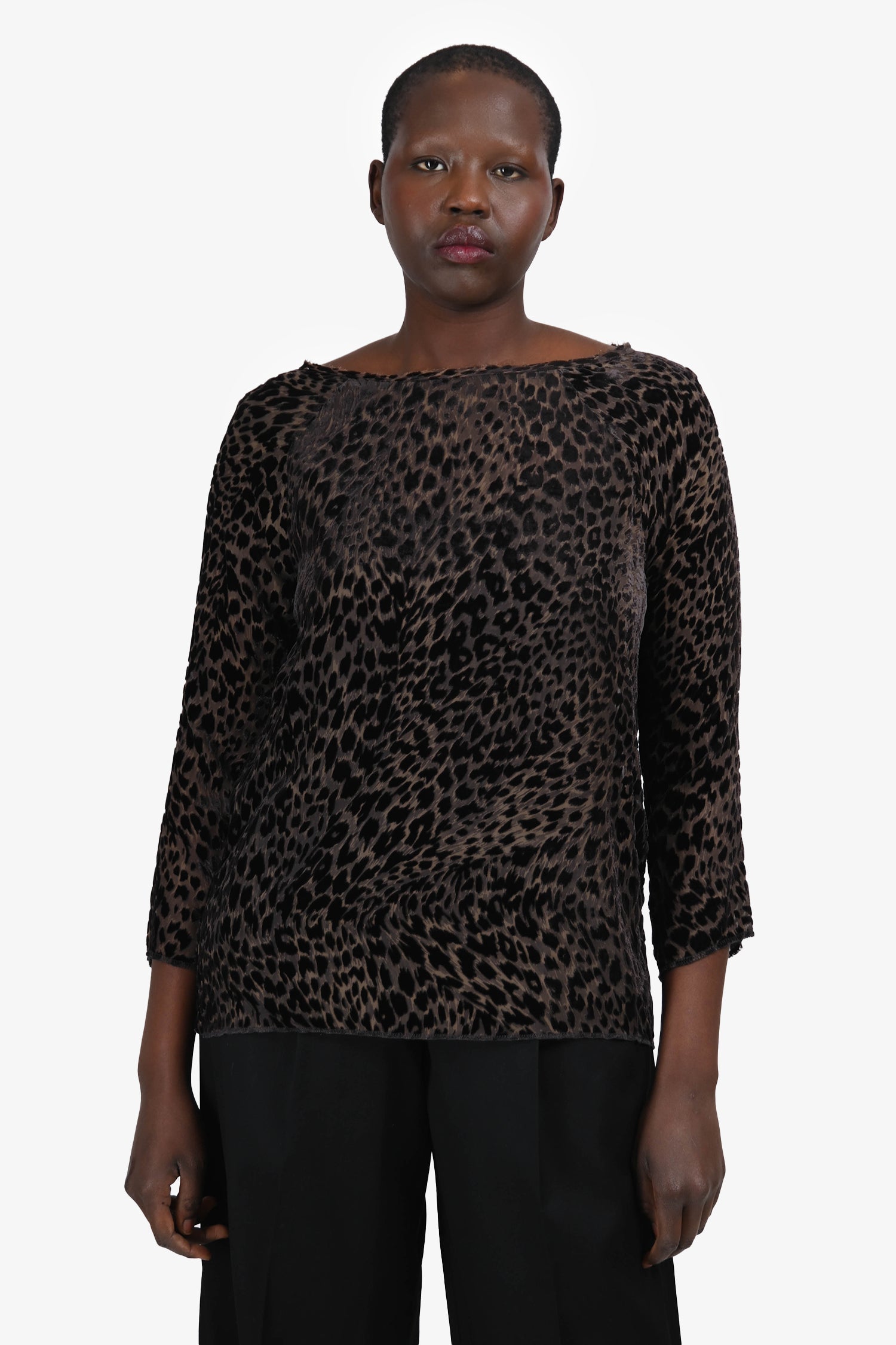 Nili Lotan Grey/Black Velvet Leopard Print Long Sleeve Sheer Top Size M