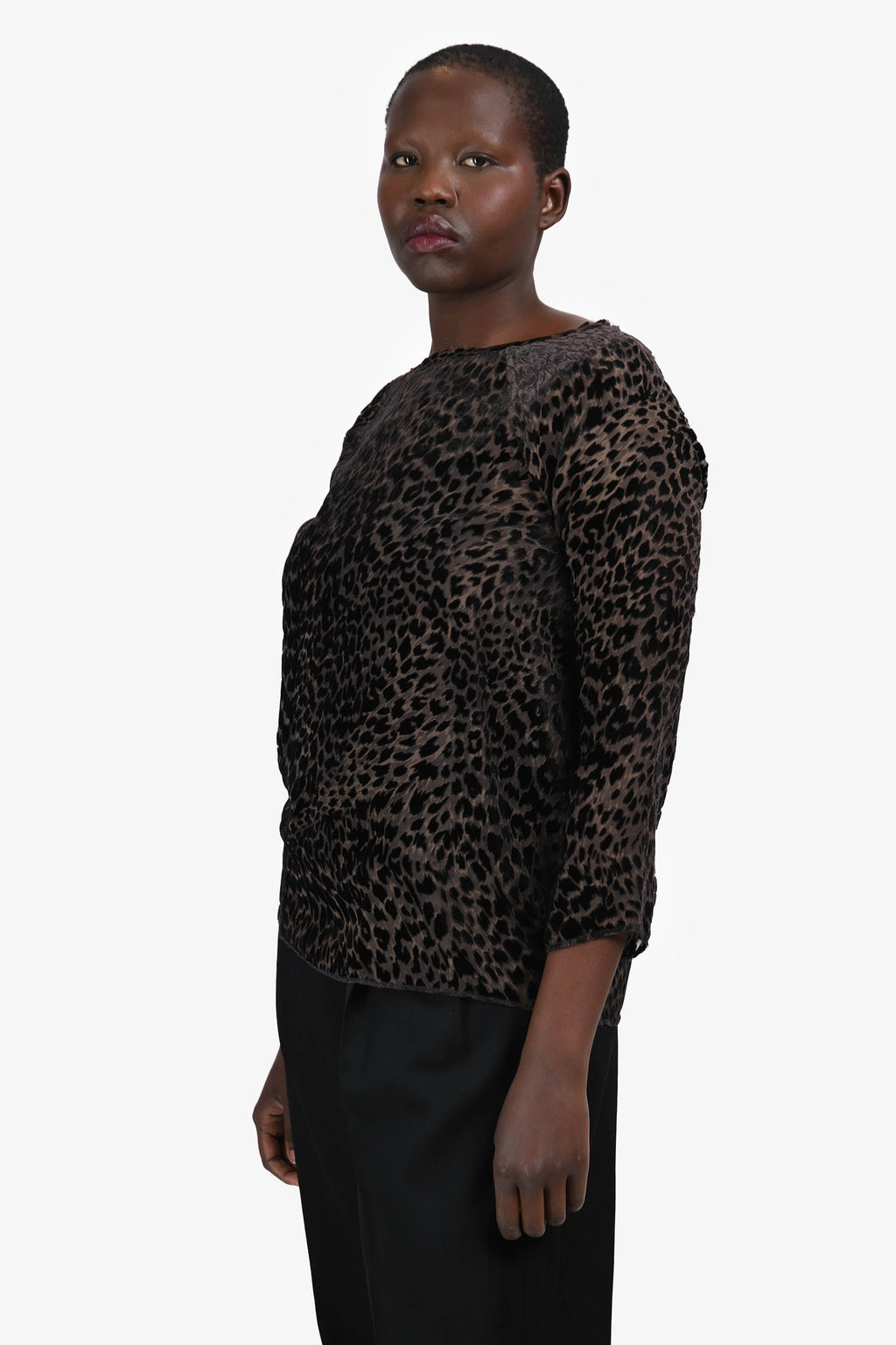 Nili Lotan Grey/Black Velvet Leopard Print Long Sleeve Sheer Top Size M