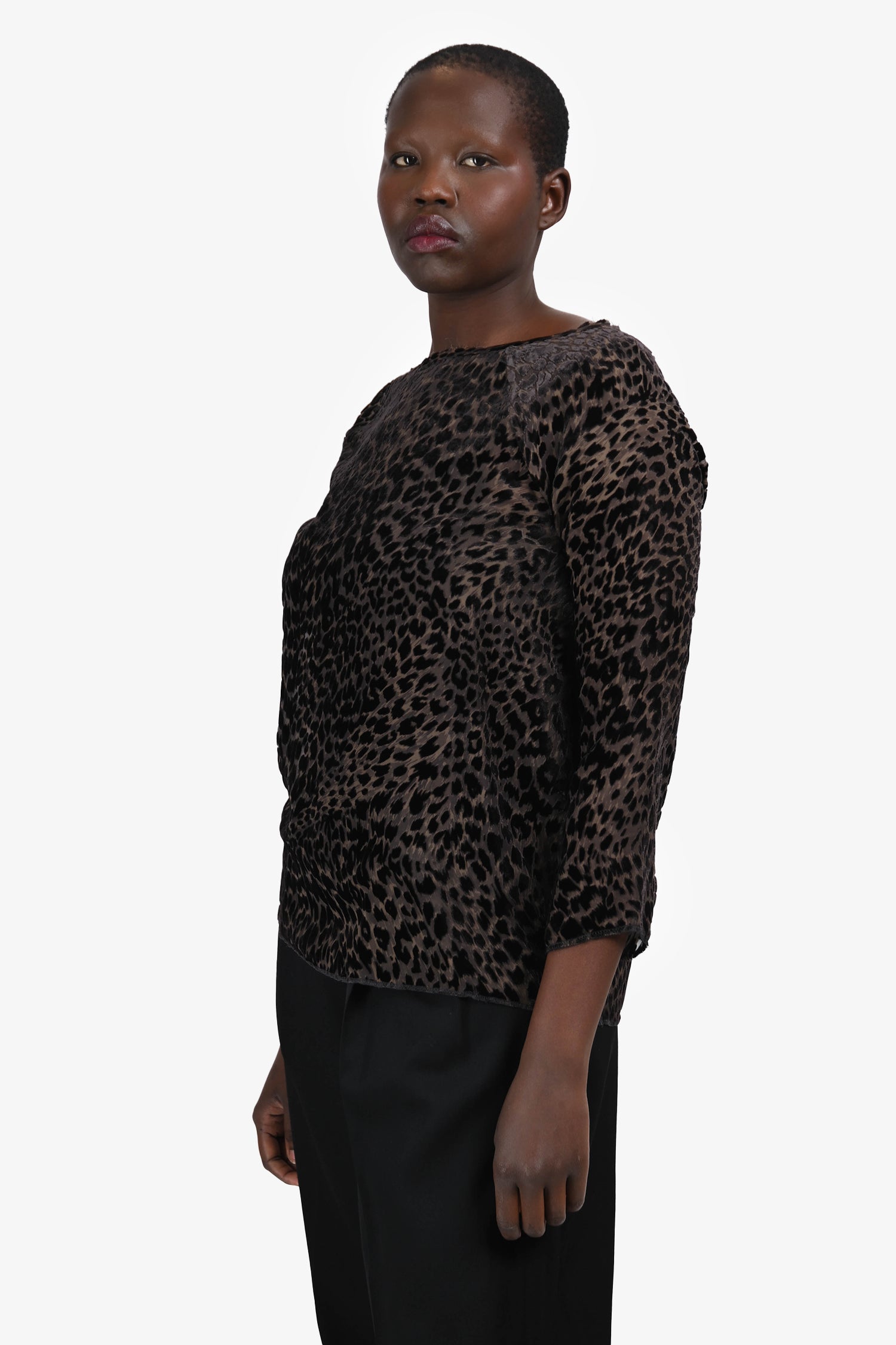 Nili Lotan Grey/Black Velvet Leopard Print Long Sleeve Sheer Top Size M