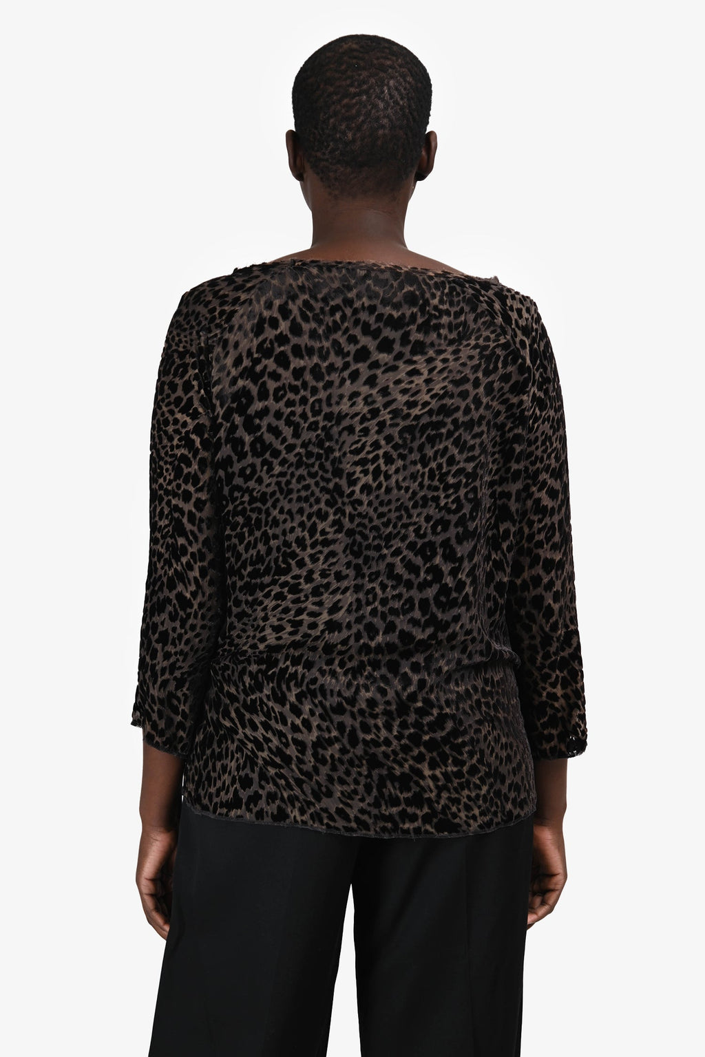Nili Lotan Grey/Black Velvet Leopard Print Long Sleeve Sheer Top Size M