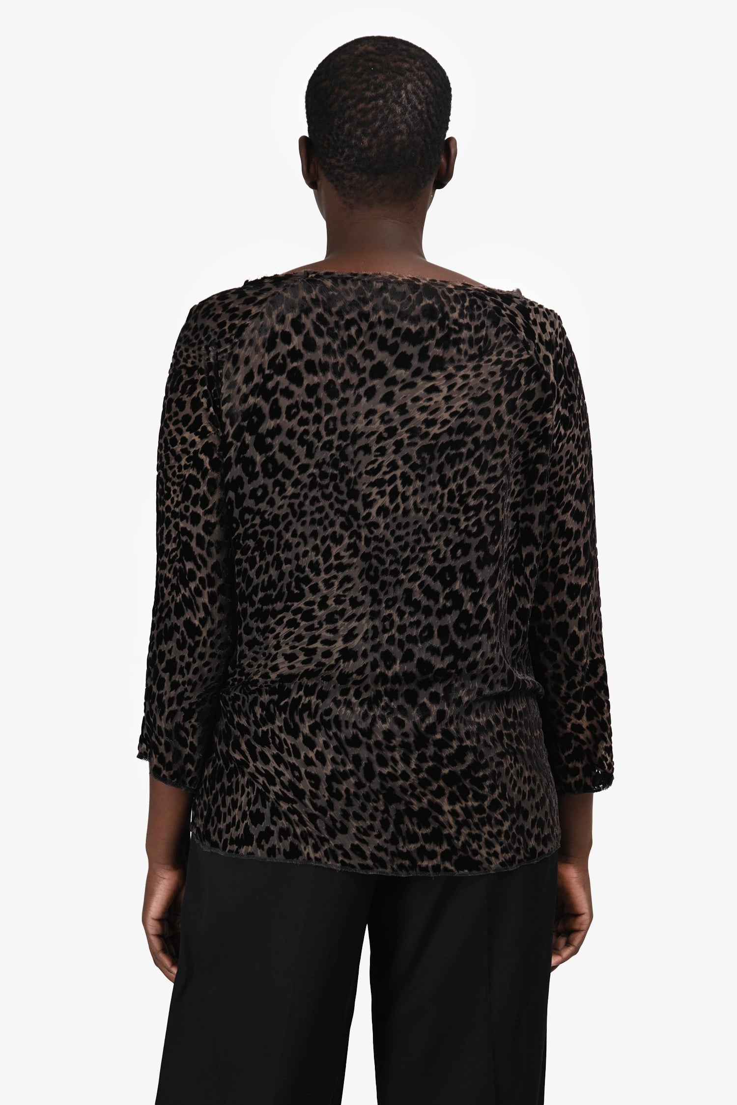 Nili Lotan Grey/Black Velvet Leopard Print Long Sleeve Sheer Top Size M