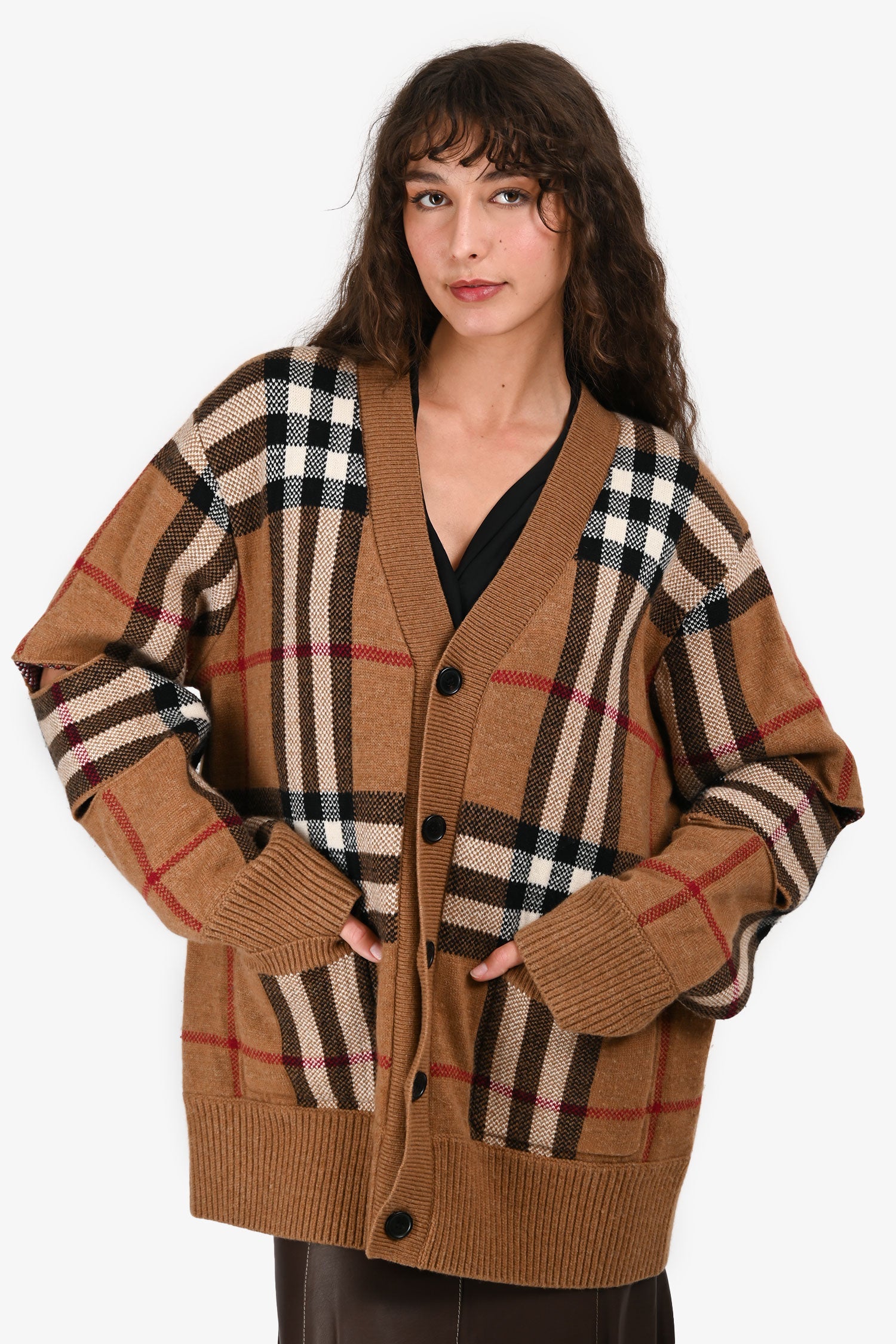 Burberry Brown Wool/Cashmere Check Cut Out Sleeve Oversized igan Size M