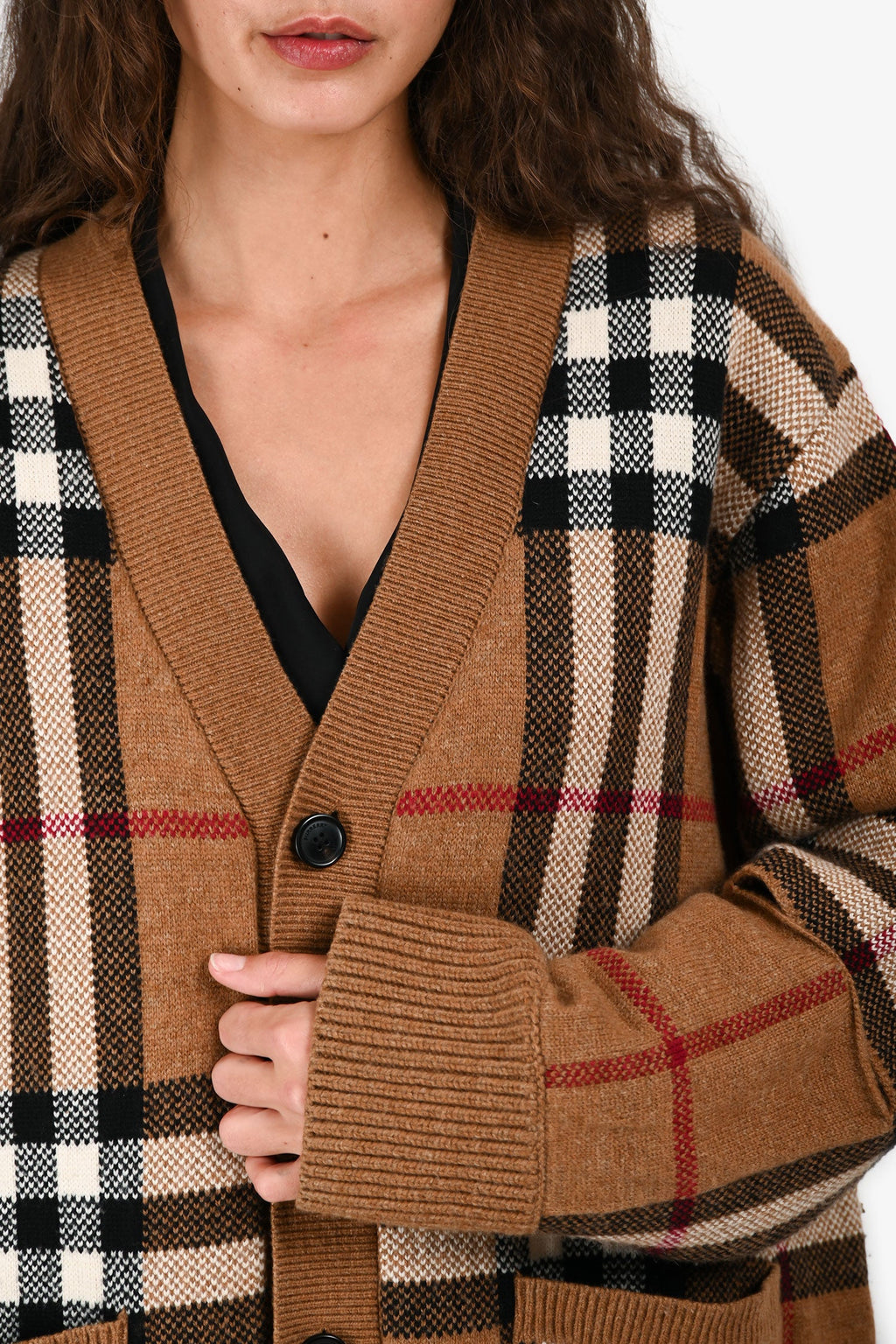 Burberry Brown Wool/Cashmere Check Cut Out Sleeve Oversized igan Size M