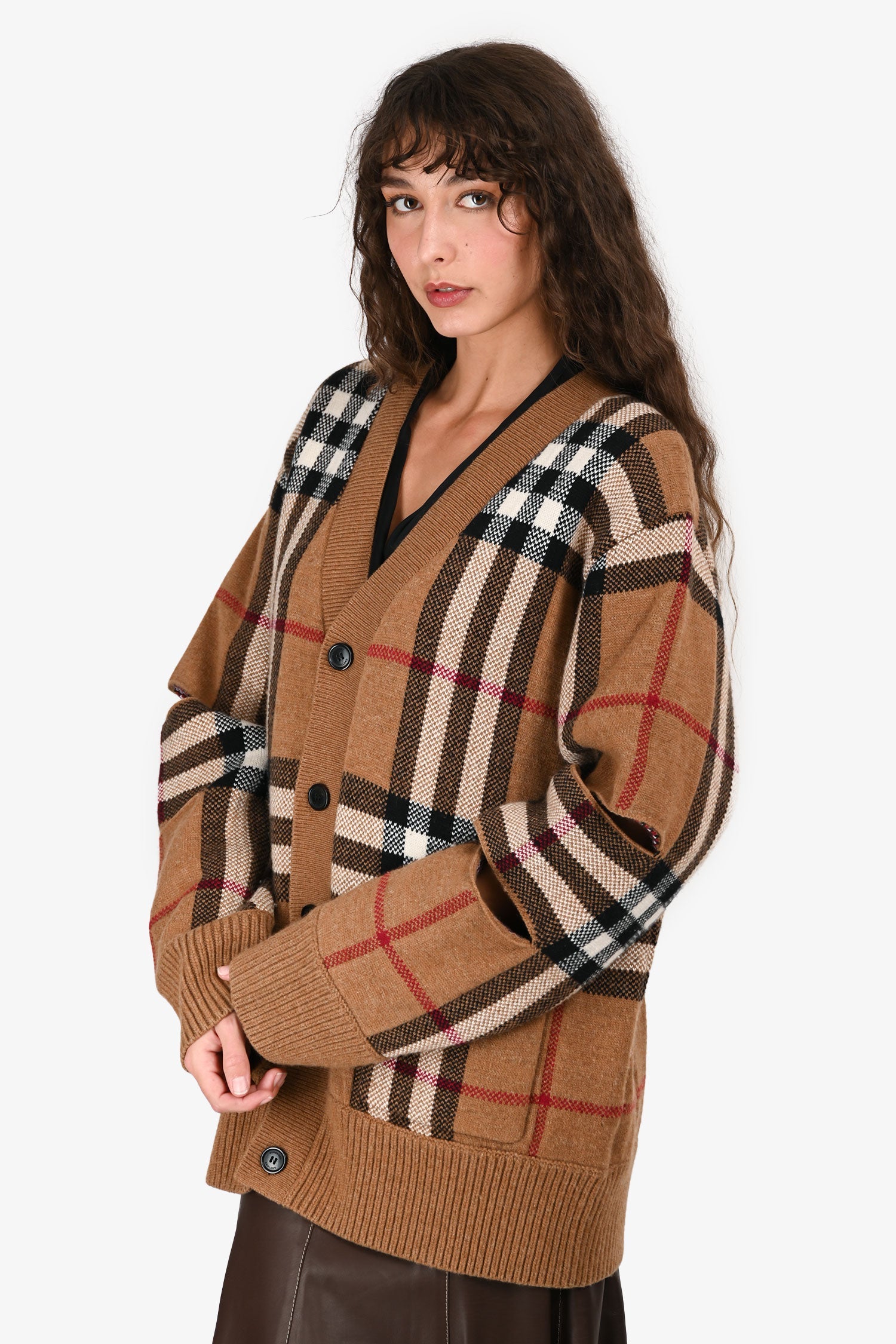 Burberry Brown Wool/Cashmere Check Cut Out Sleeve Oversized igan Size M