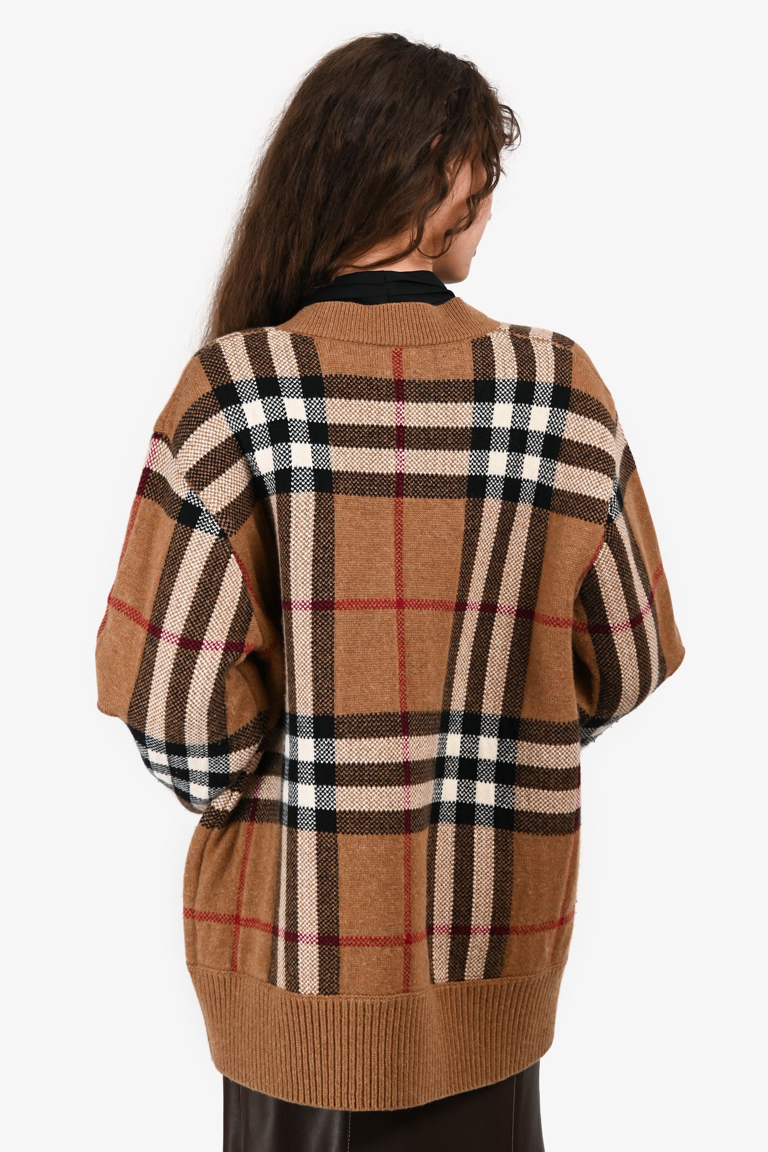 Burberry Brown Wool/Cashmere Check Cut Out Sleeve Oversized igan Size M