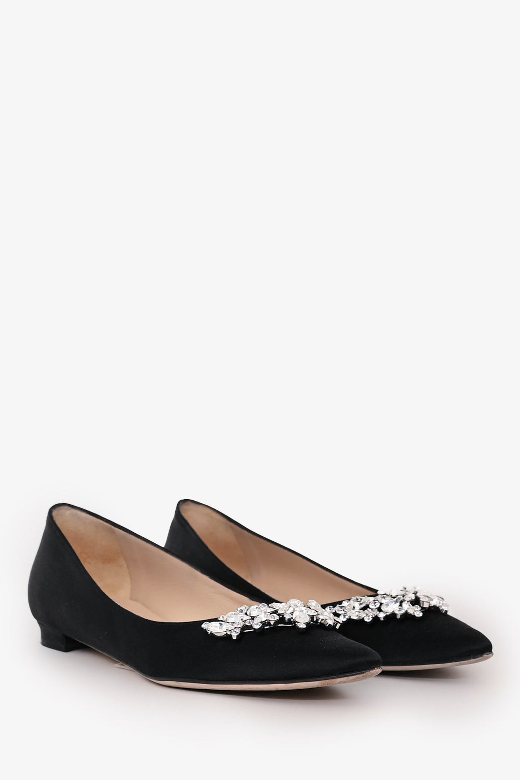 Manolo Blahnik Black Satin Crystal Embellished Flats Size 35.5