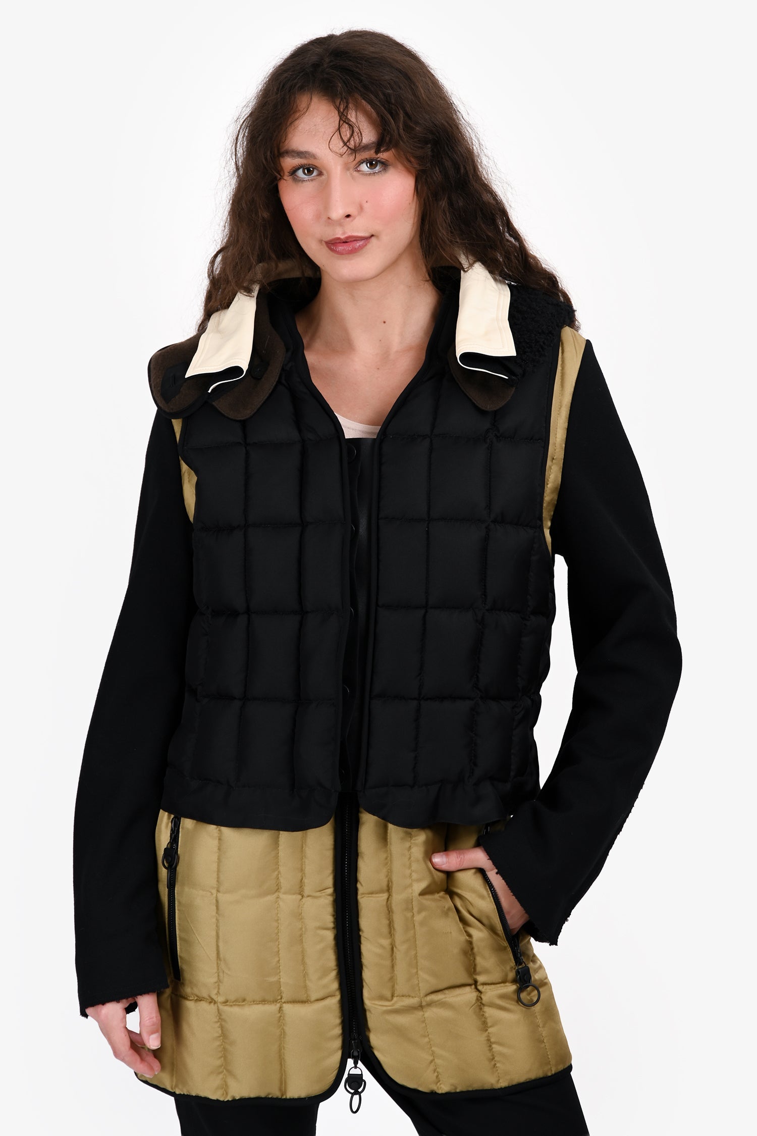 Louis Vuitton Black Wool/Green Down Leather Layered Jacket Size 36