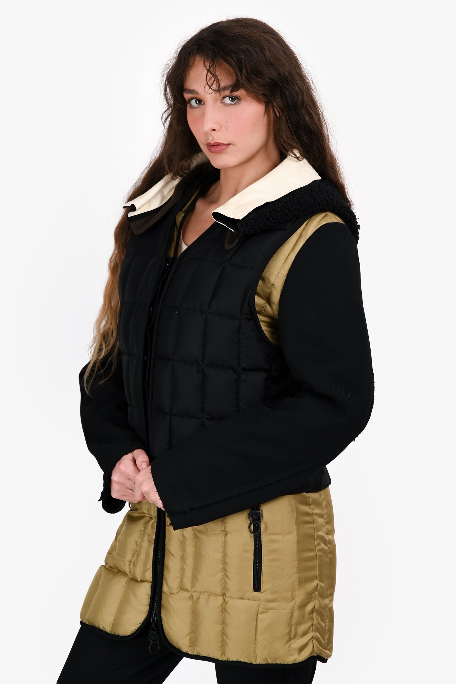 Louis Vuitton Black Wool/Green Down Leather Layered Jacket Size 36