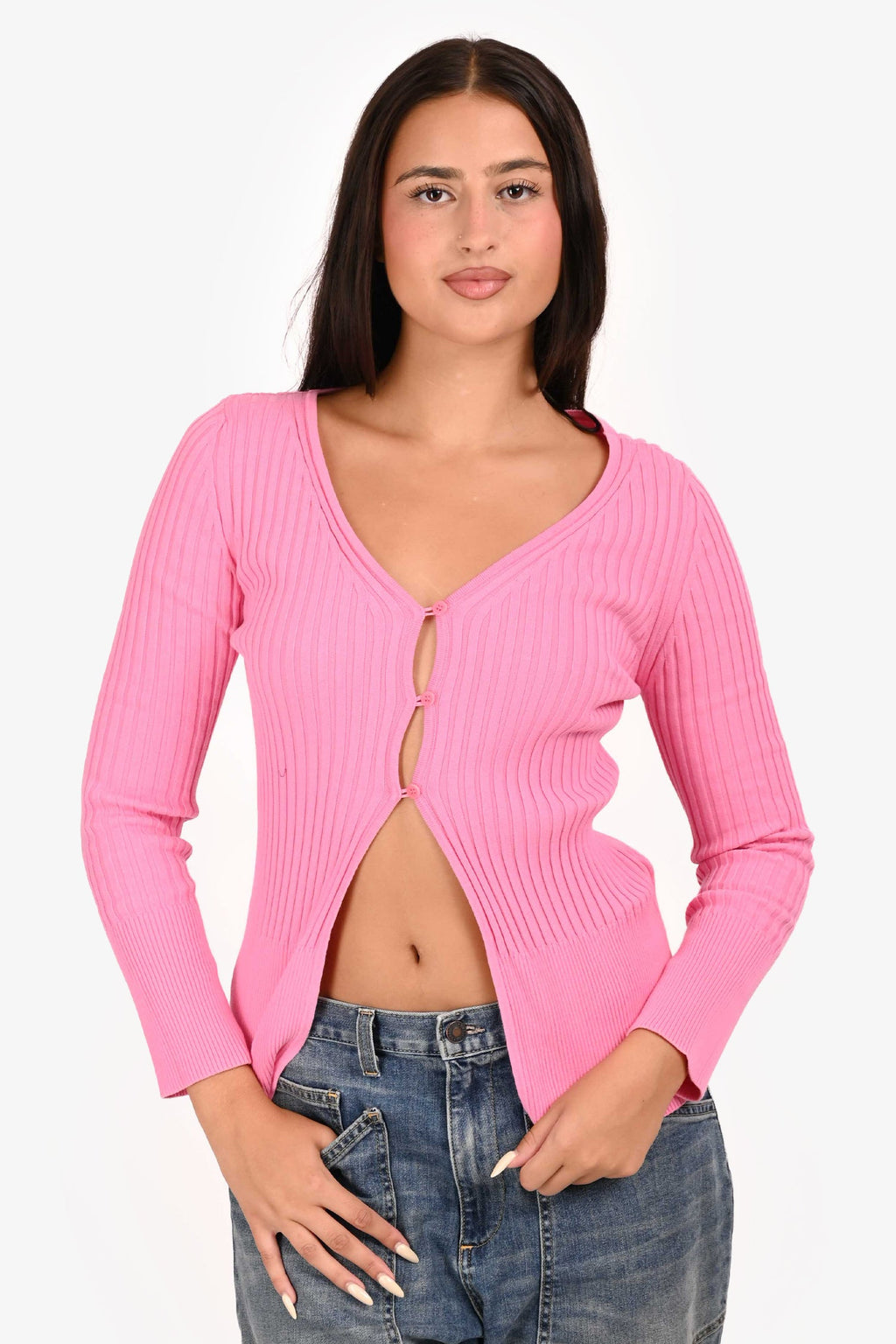 Attire: The Studio Pink Ribbed Cotton Buttoned igan Top Size S