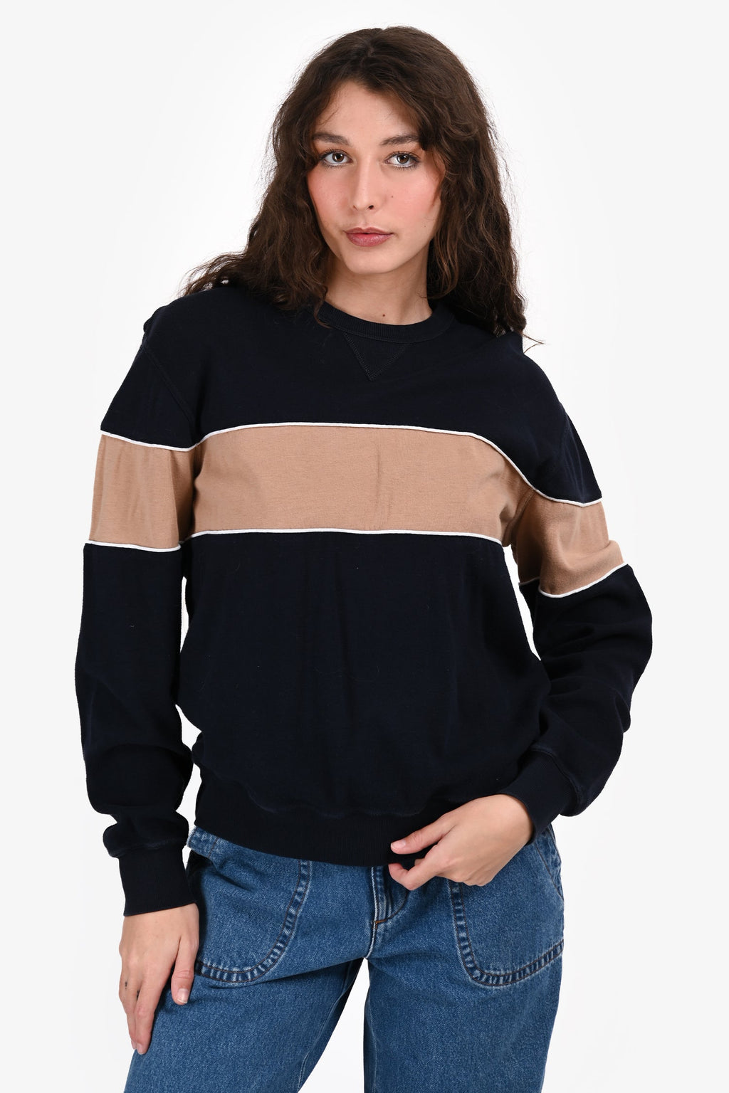 Brunello Cucinelli Navy/Brown Striped Cotton Sweatshirt Size M