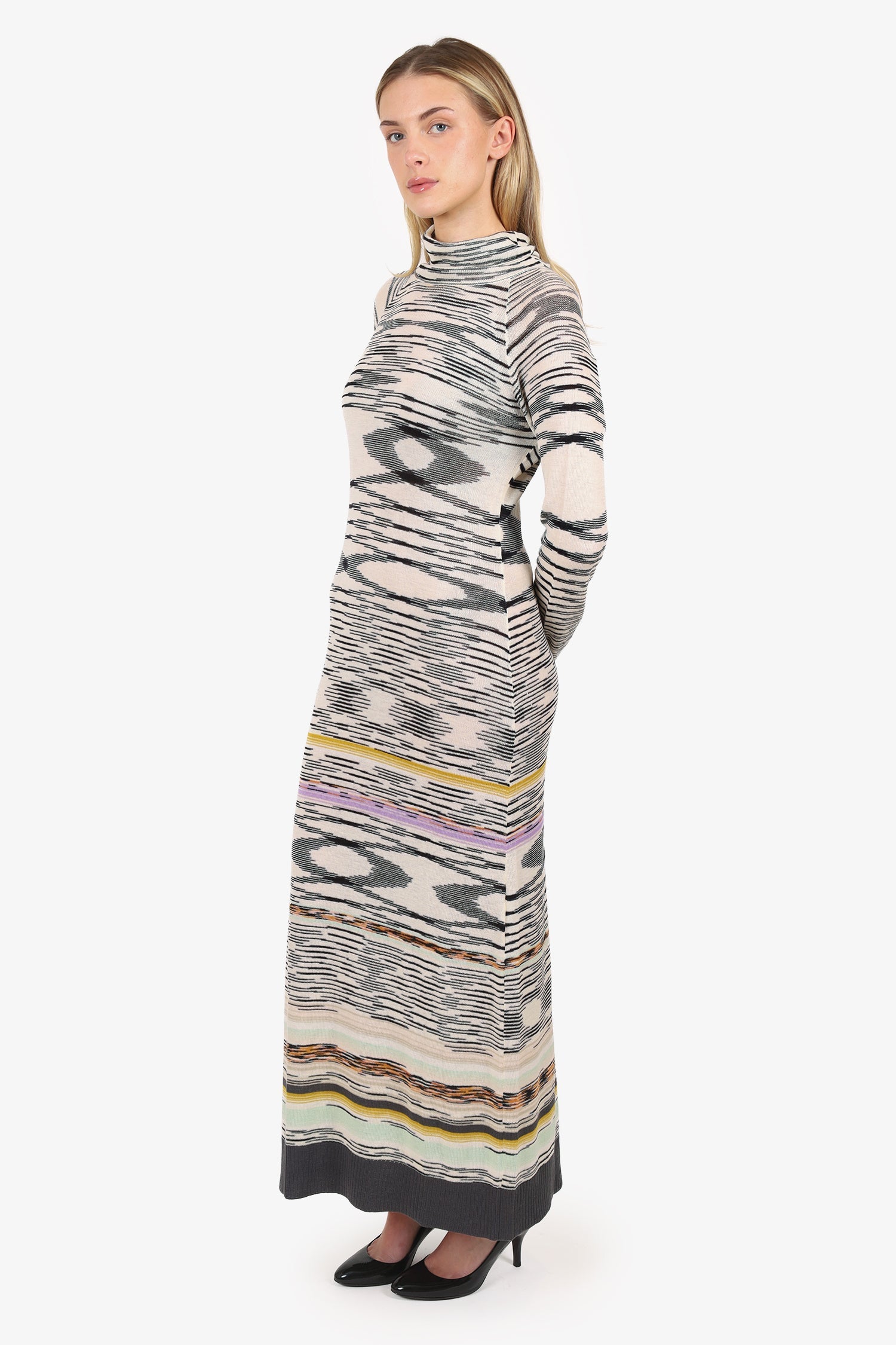 Missoni Black/White Wool Turtleneck Long Sleeve Maxi Dress Size 42