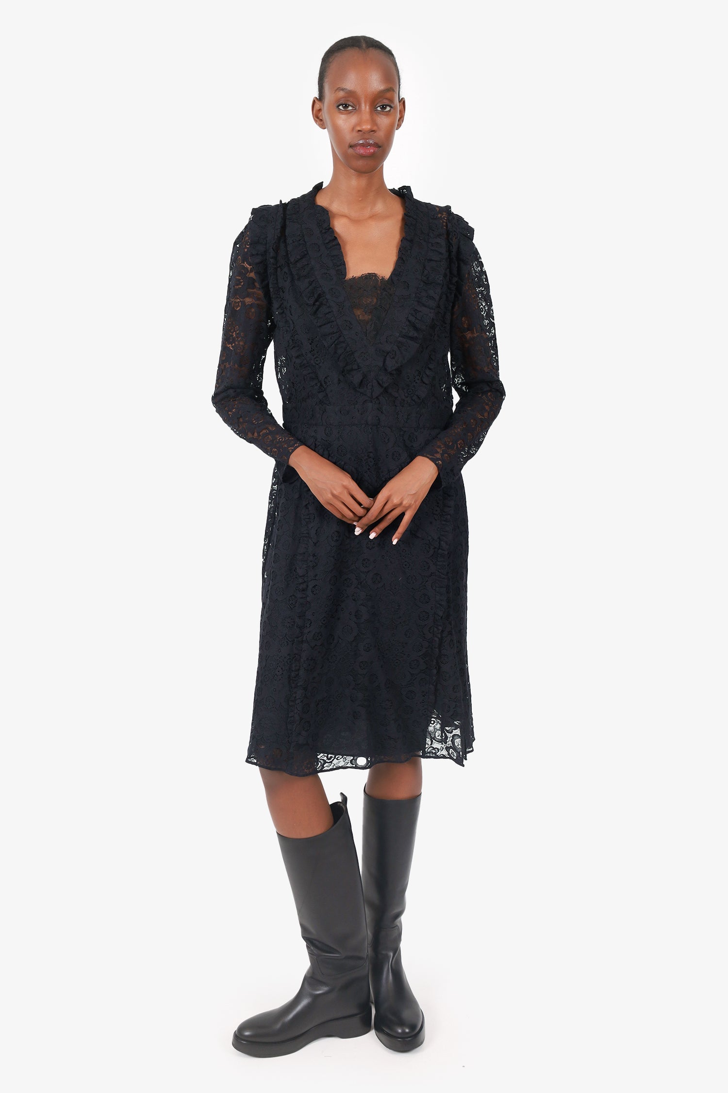 Altuzarra Black Lace Ruffle Detail L/S Dress Size 46