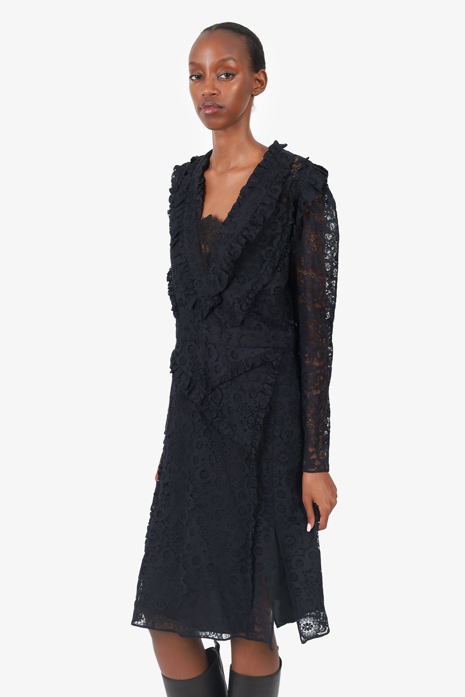 Altuzarra Black Lace Ruffle Detail L/S Dress Size 46