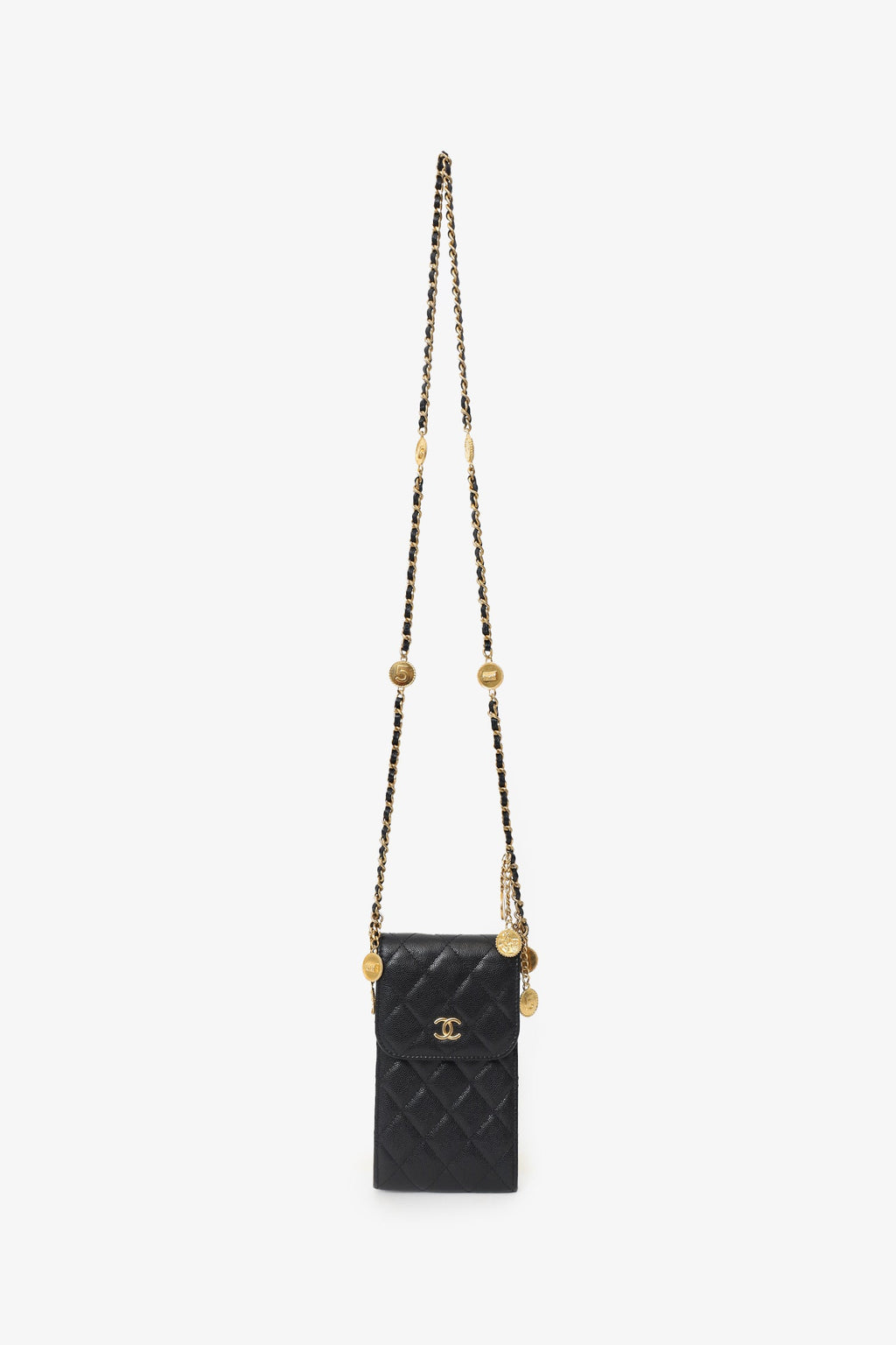 Pre-Loved Chanel™ 2023 Black Quilted Caviar Leather CC Medallion Chain Phone Bag