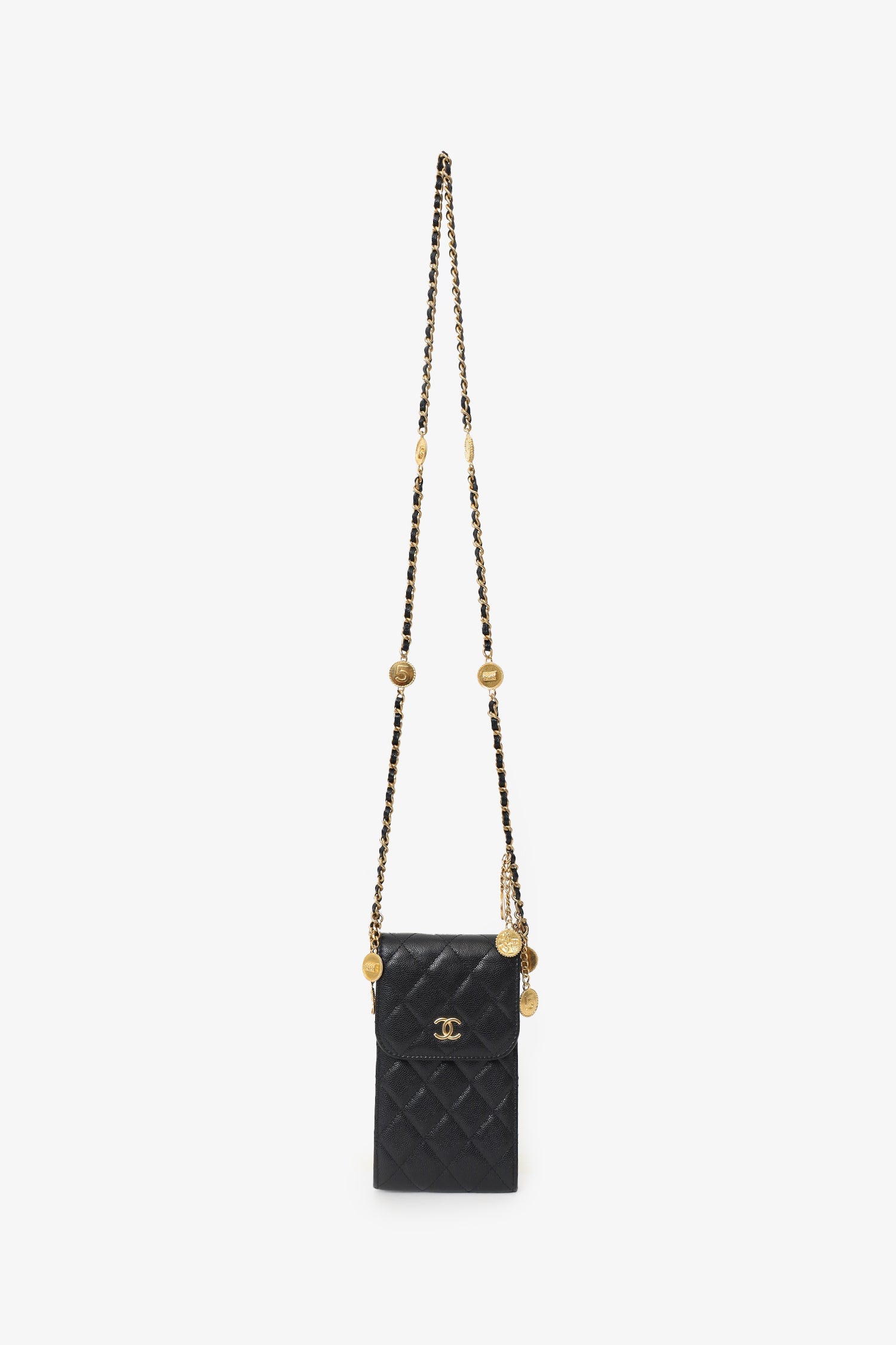 Pre-Loved Chanel™ 2023 Black Quilted Caviar Leather CC Medallion Chain Phone Bag