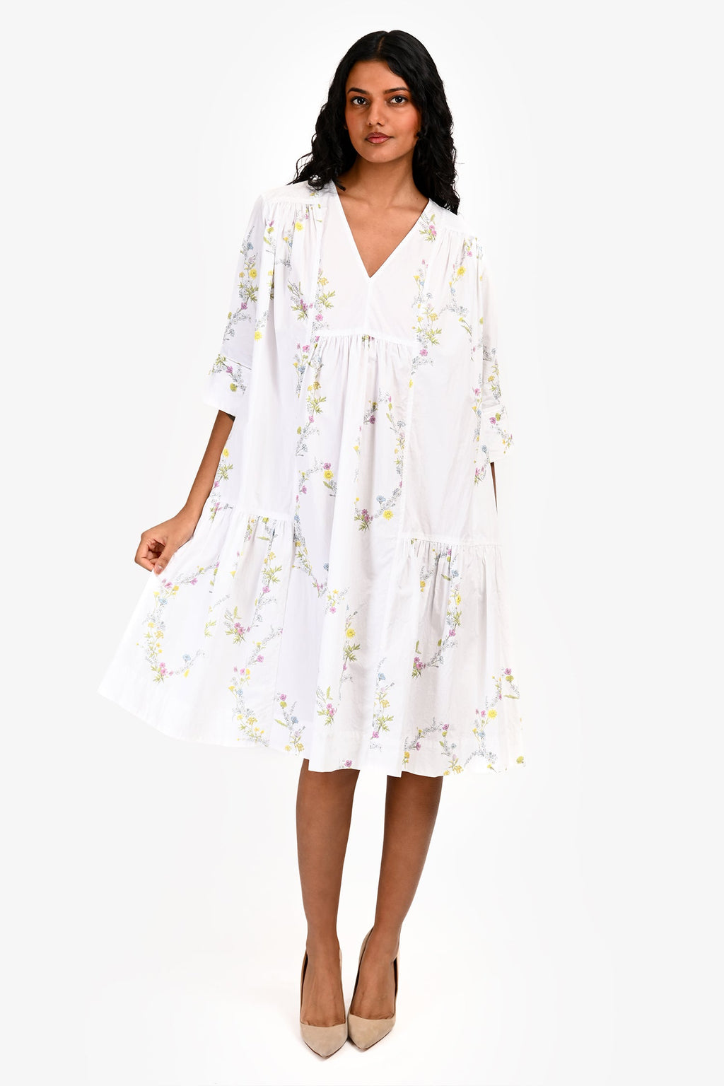 Ganni White Cotton Floral Oversized Midi Dress Size 36