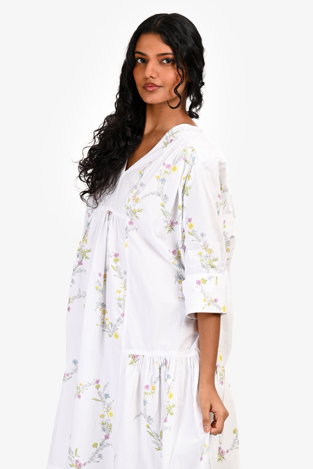 Ganni White Cotton Floral Oversized Midi Dress Size 36