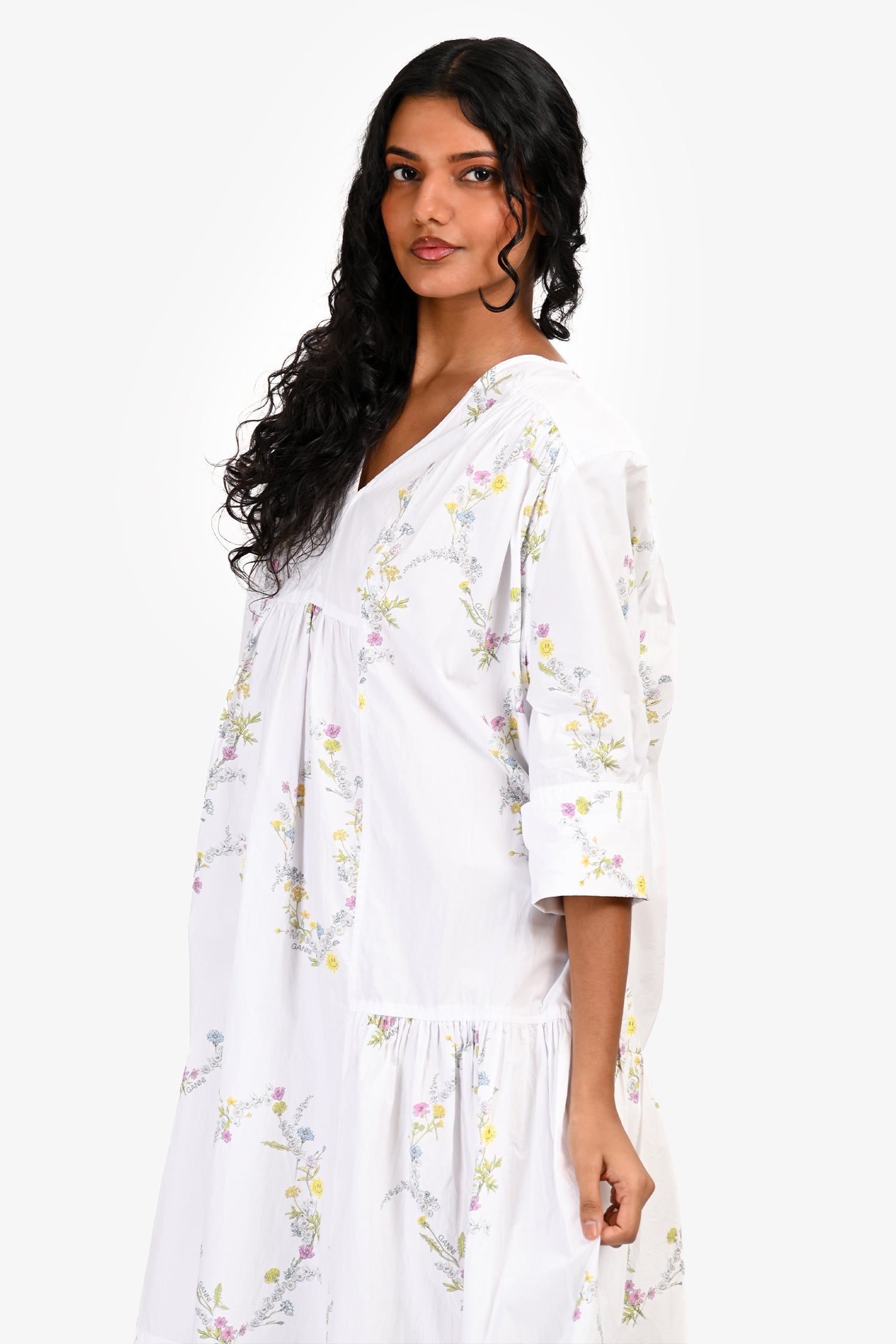Ganni White Cotton Floral Oversized Midi Dress Size 36