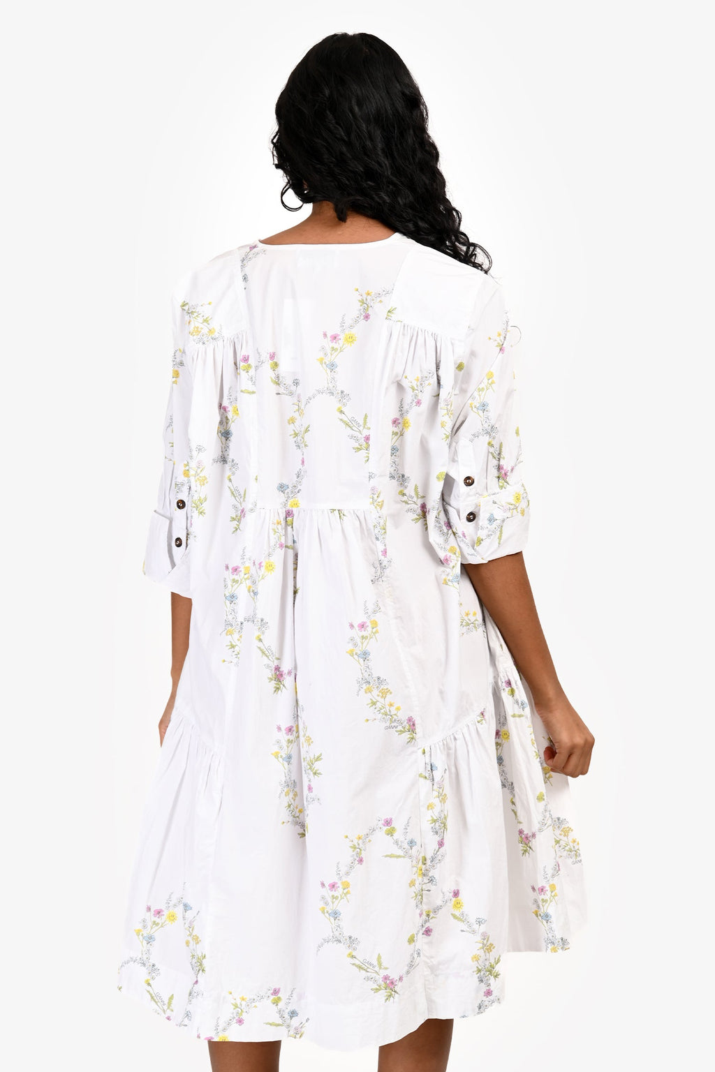 Ganni White Cotton Floral Oversized Midi Dress Size 36