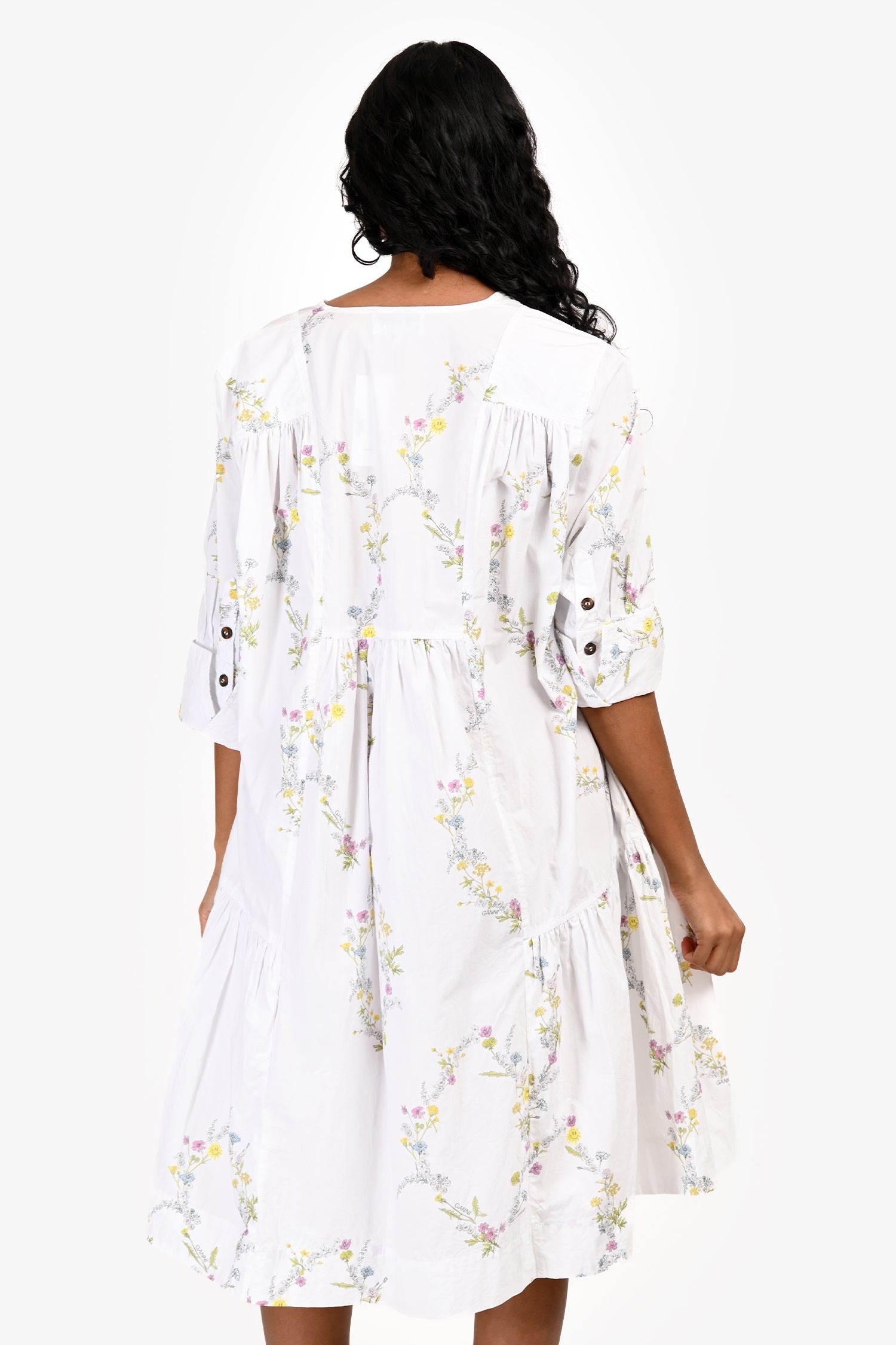 Ganni White Cotton Floral Oversized Midi Dress Size 36