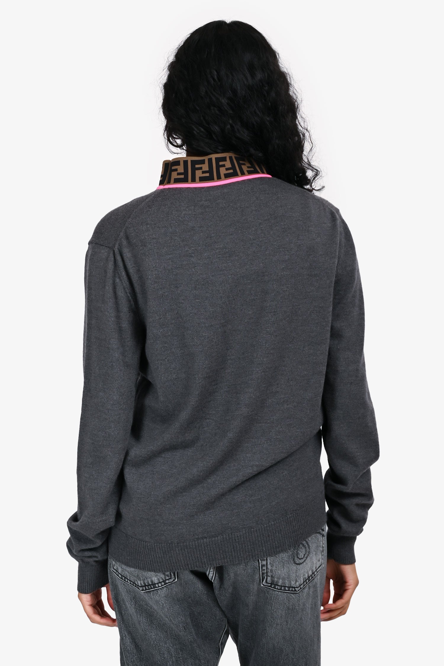 Fendi Grey Wool Logo Neck Sweater Size 48