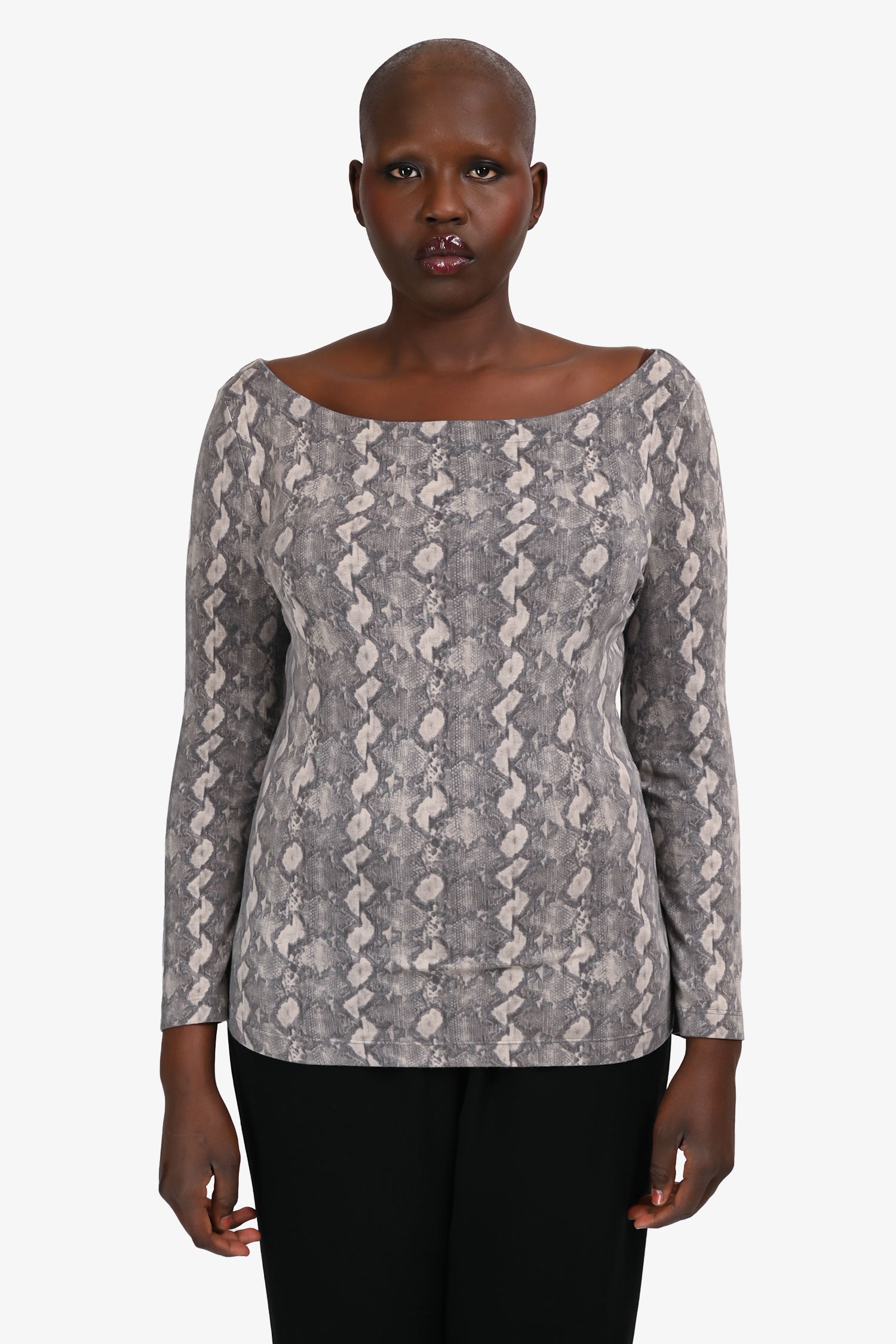 St. John Grey Snakeskin Print Boat Neck Long Sleeve Top Size M