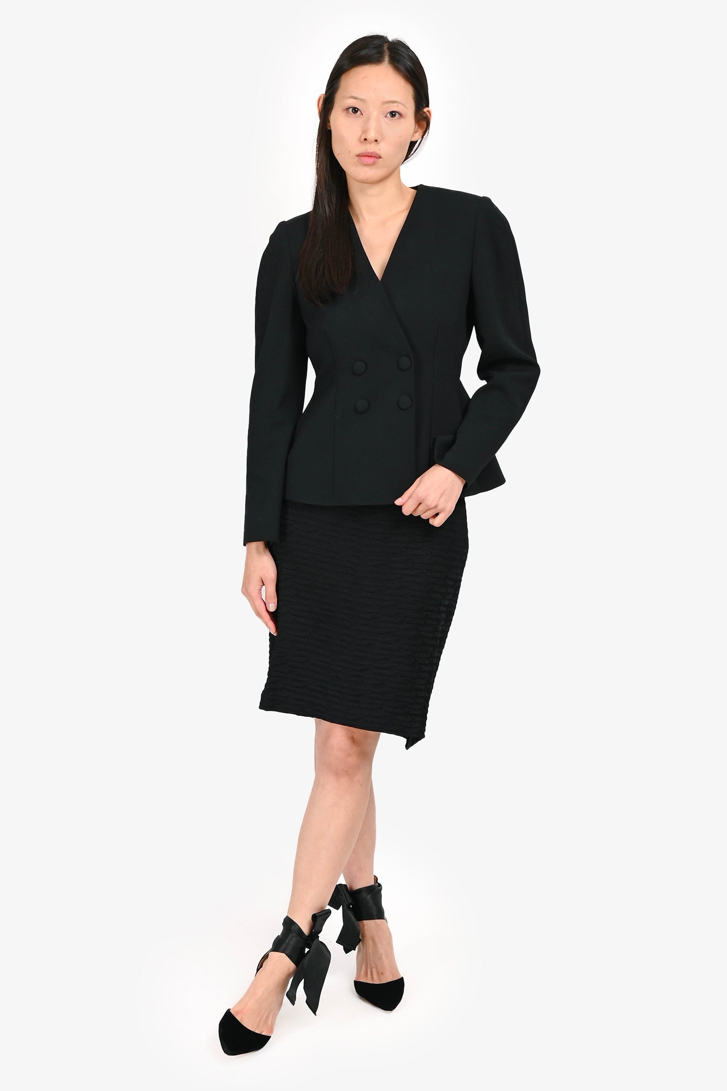 St. John Couture Black Wool Textured Midi Skirt Size 6 US