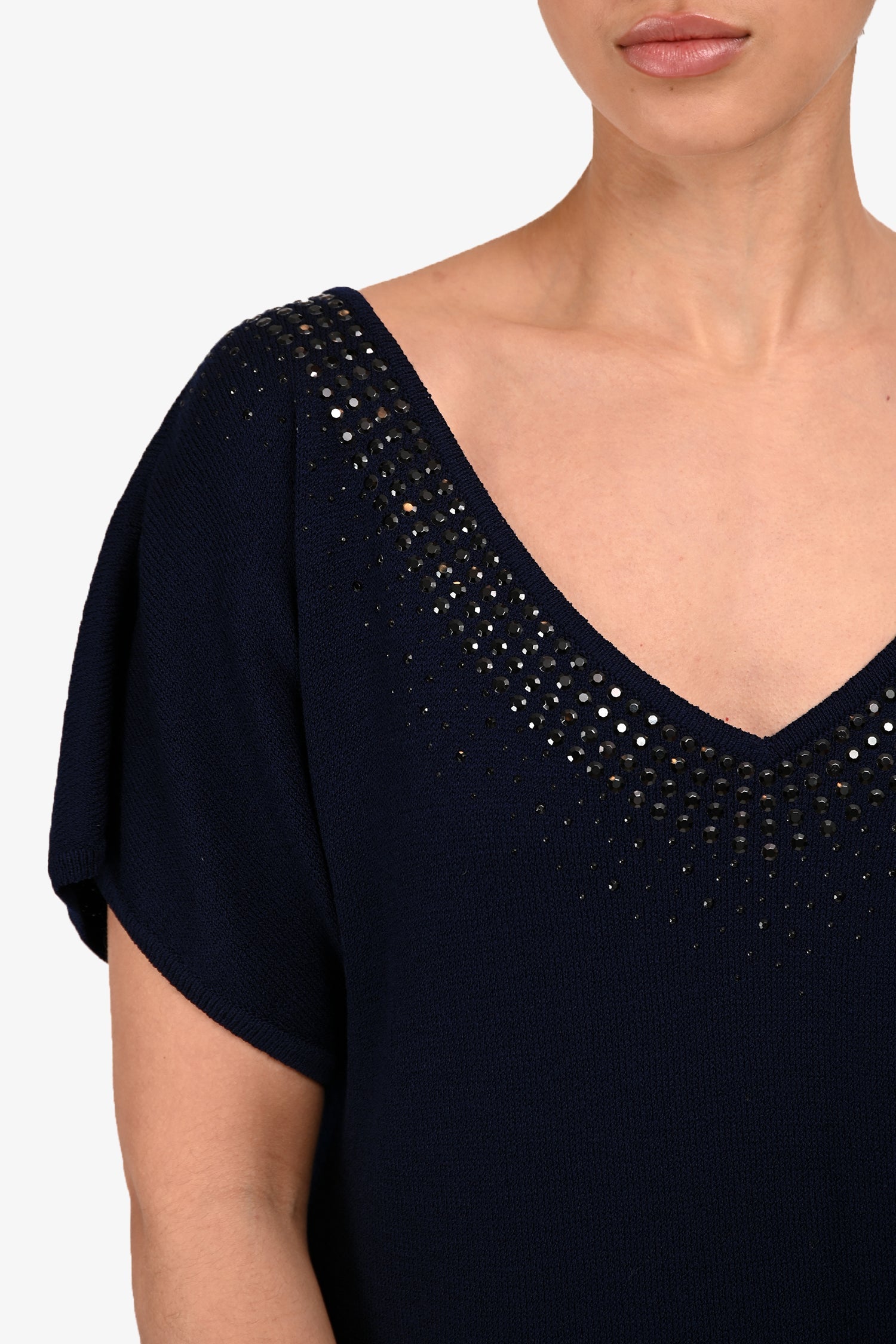 St. John Blue Wool Crystal Embellished Short Sleeve Sweater Dress Size 6 US