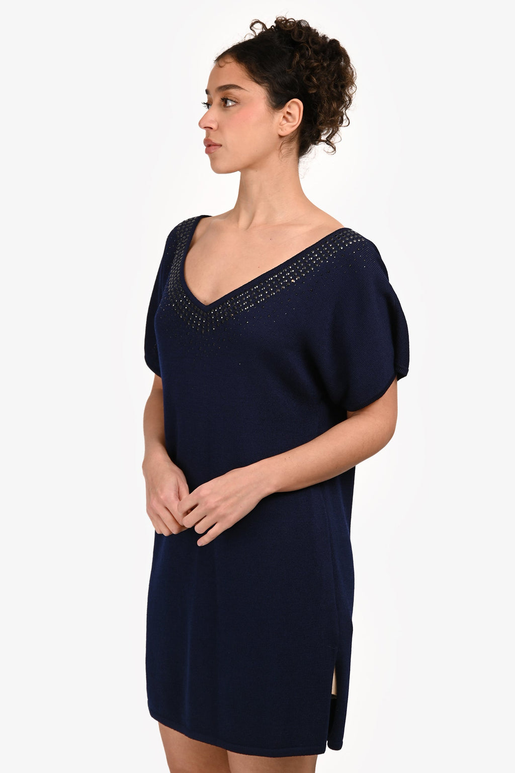 St. John Blue Wool Crystal Embellished Short Sleeve Sweater Dress Size 6 US