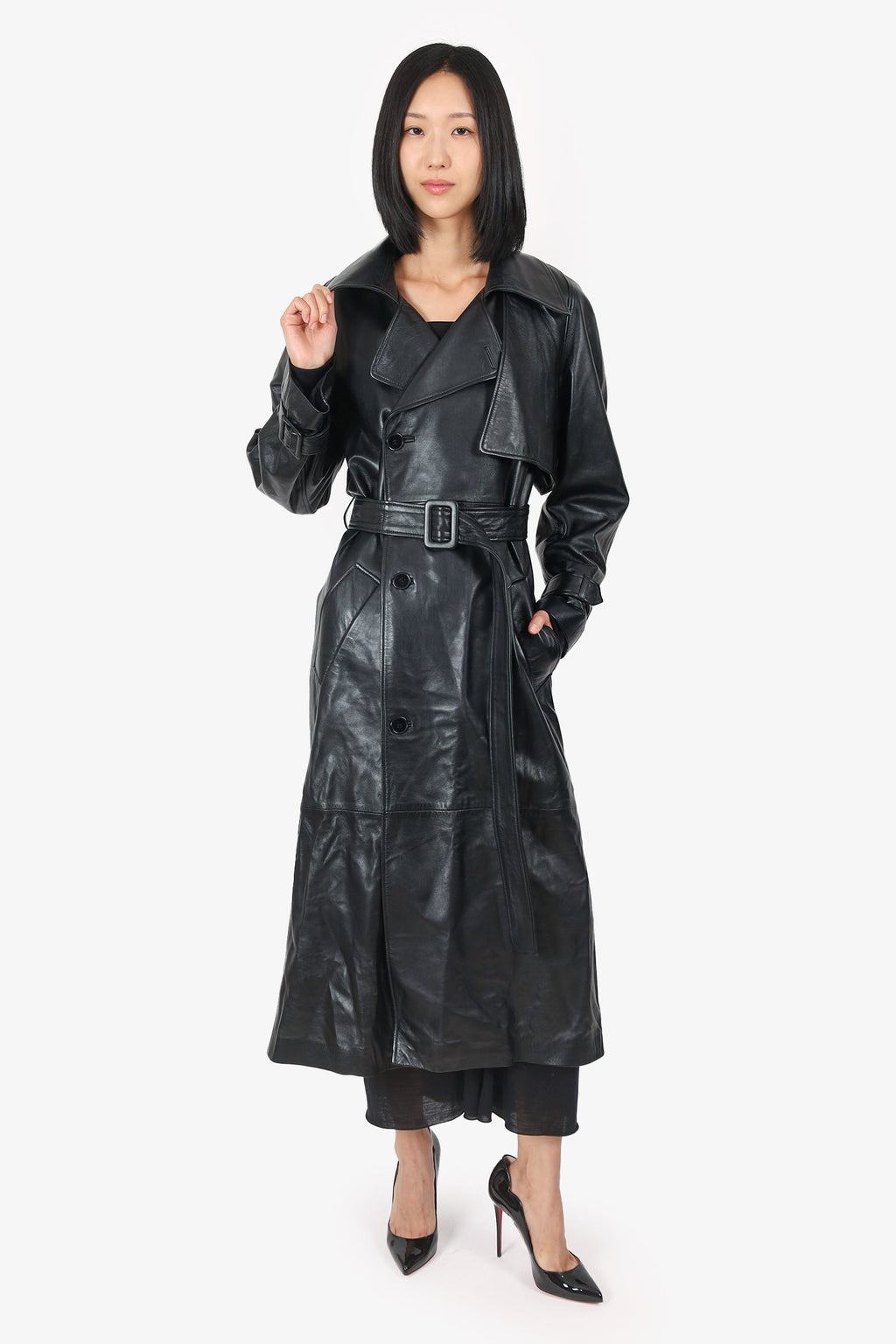 Nour Hammour Black Leather Long Trench Coat Size 38