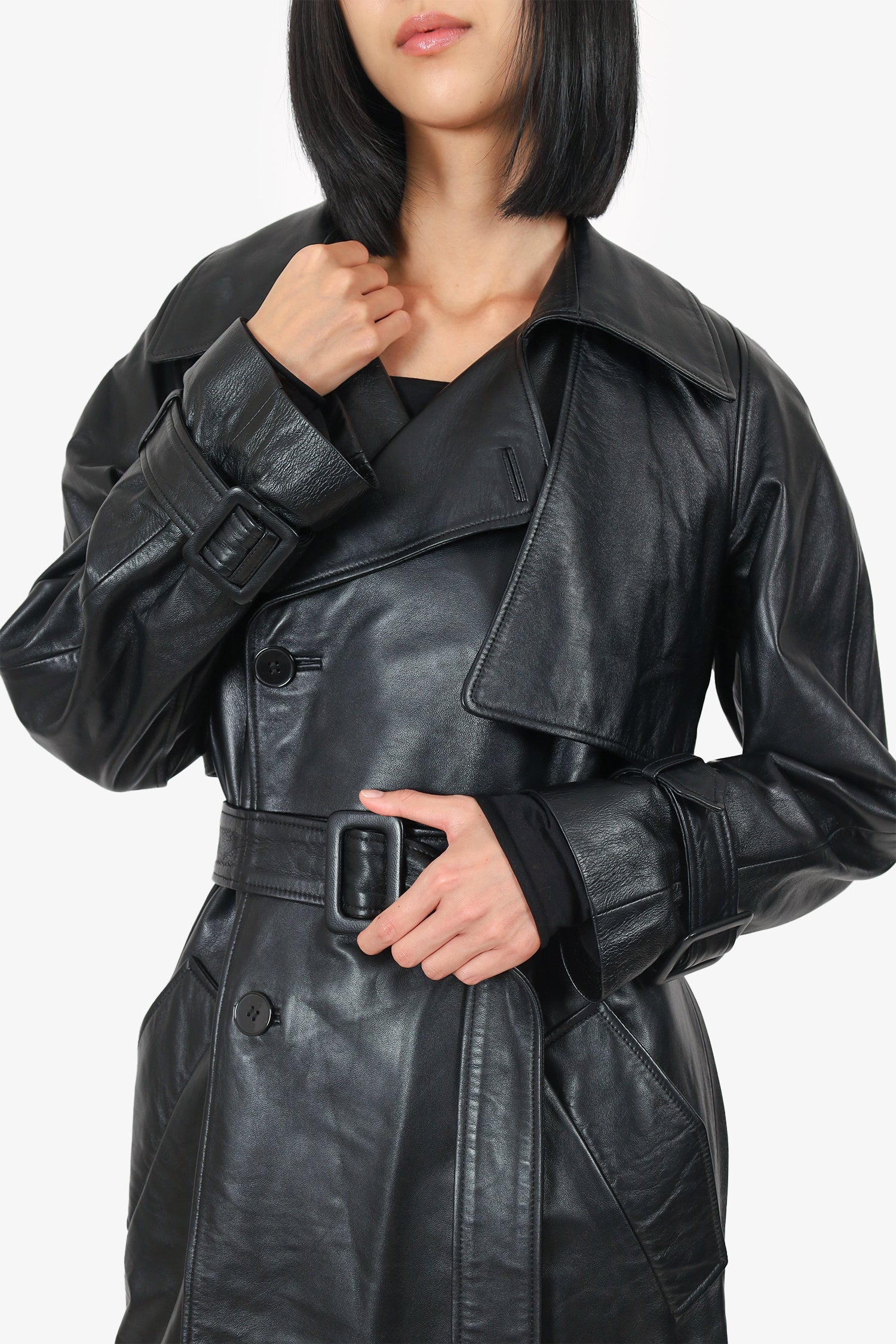 Nour Hammour Black Leather Long Trench Coat Size 38