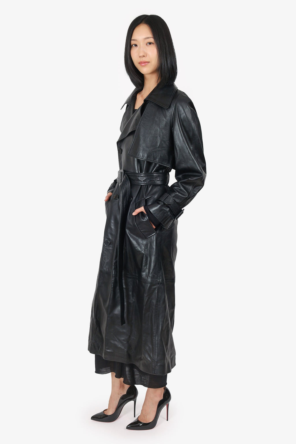 Nour Hammour Black Leather Long Trench Coat Size 38