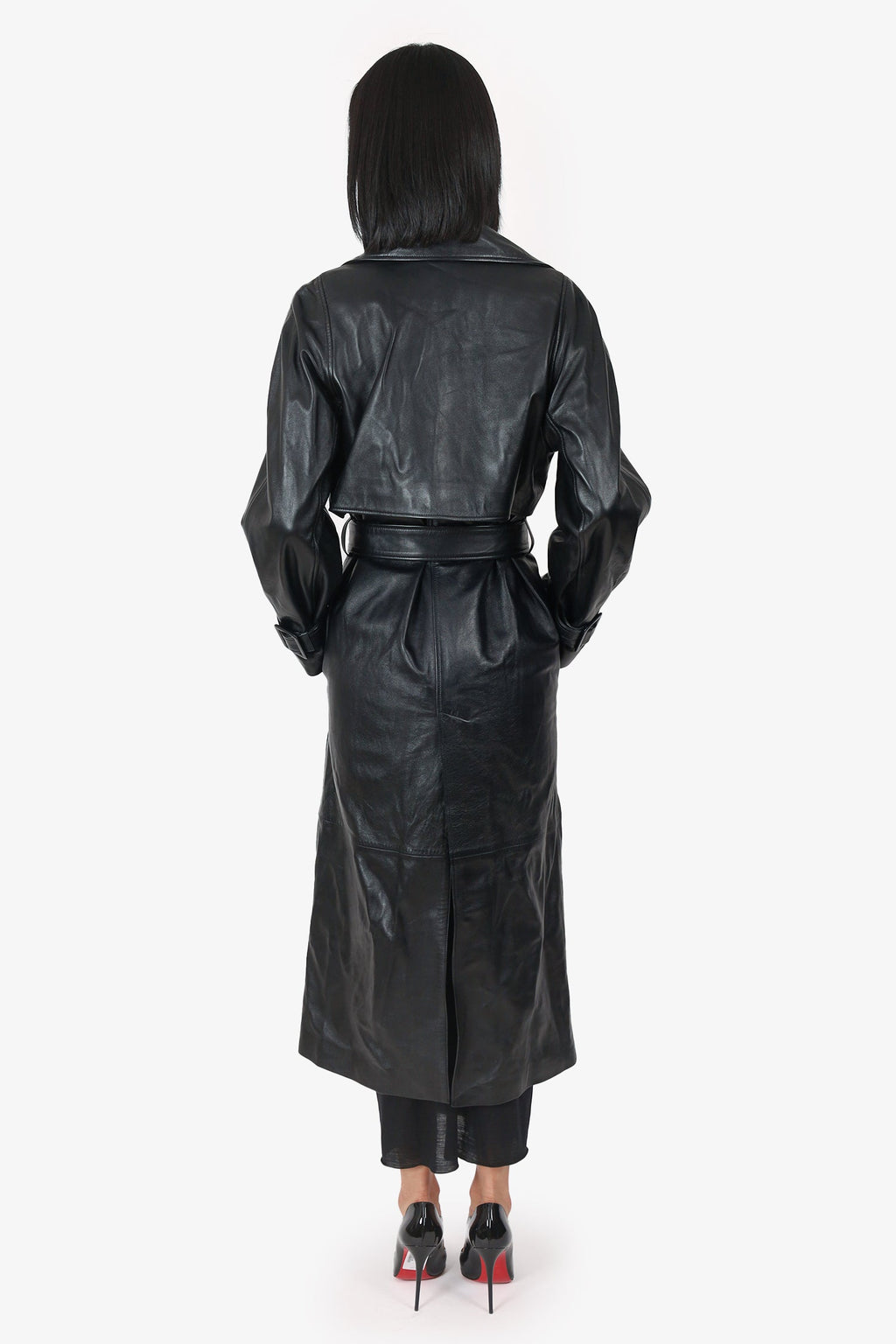 Nour Hammour Black Leather Long Trench Coat Size 38