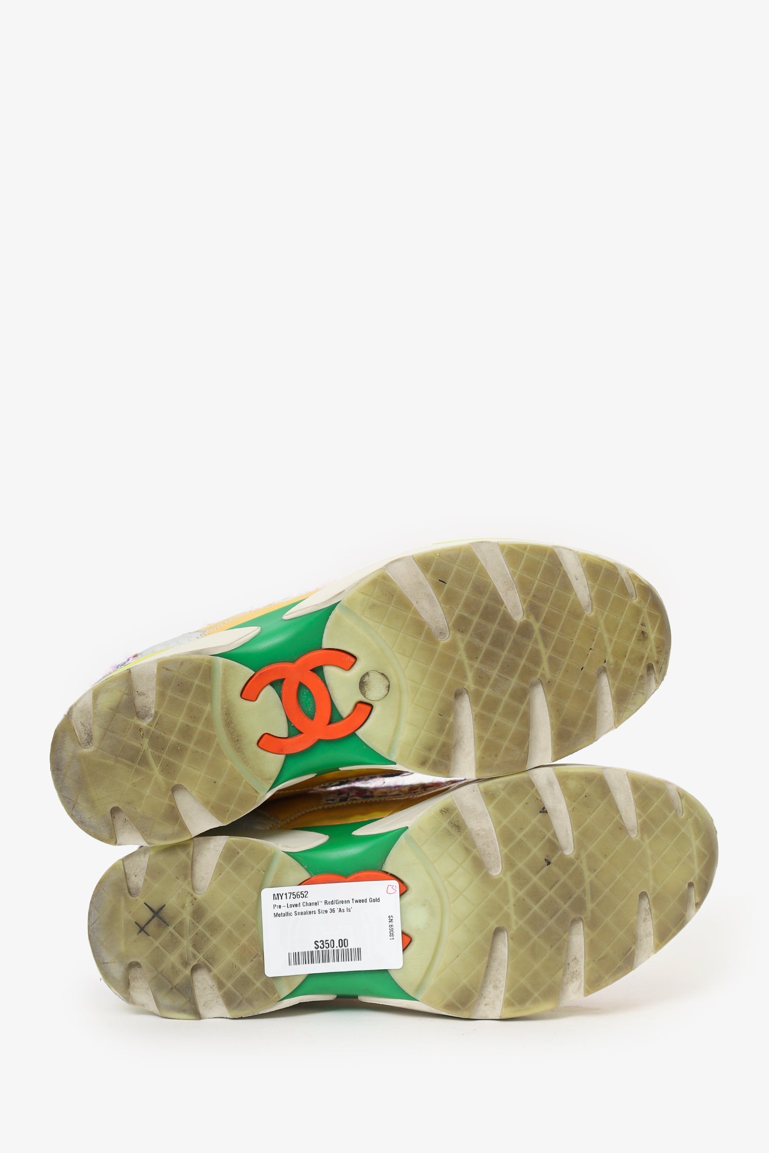 Pre-Loved Chanel™ Red/Green Tweed Gold Metallic Sneakers Size 36