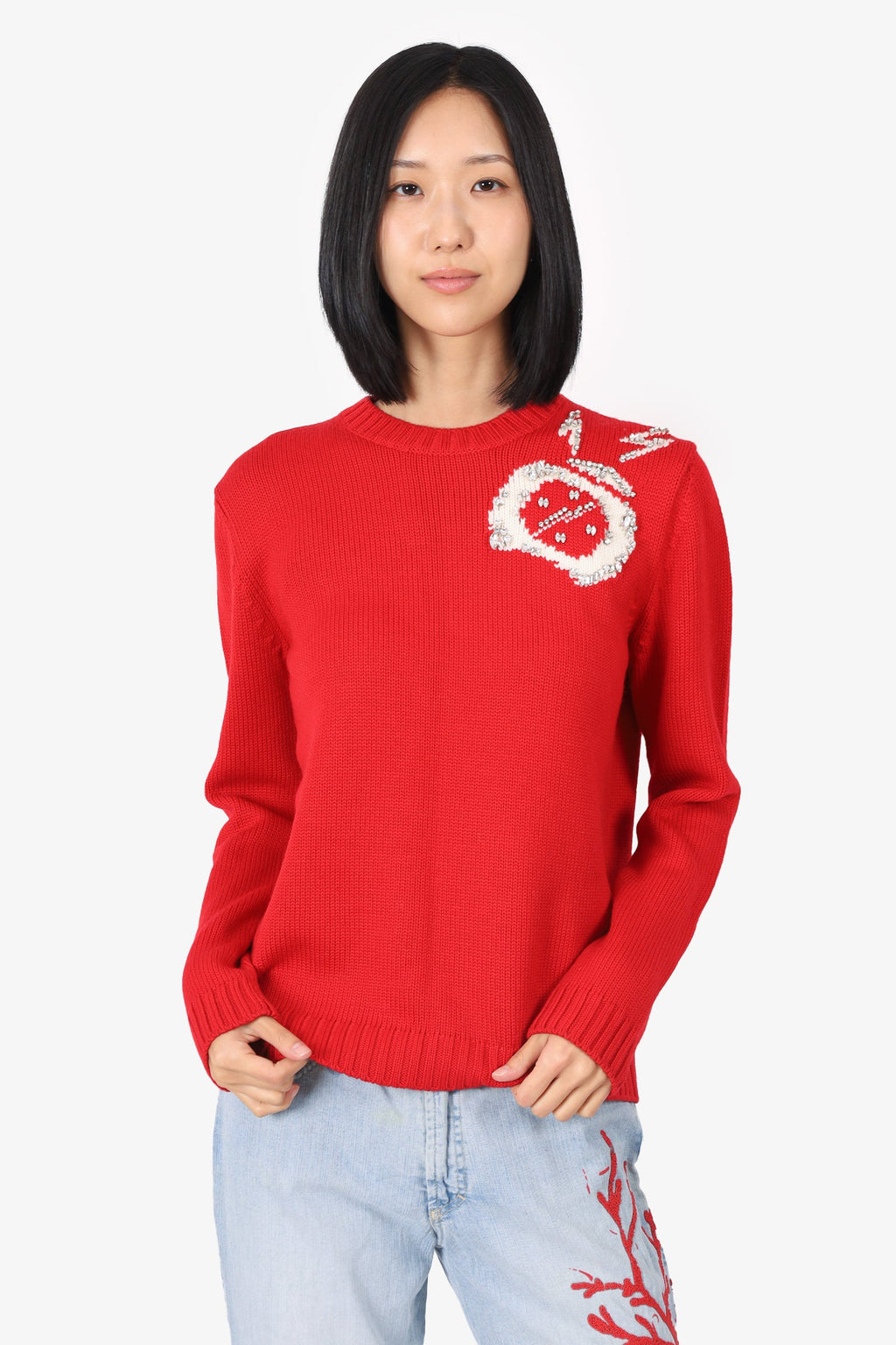 Miu Miu Red Wool Crystal Embellished Knit Sweater Size 44