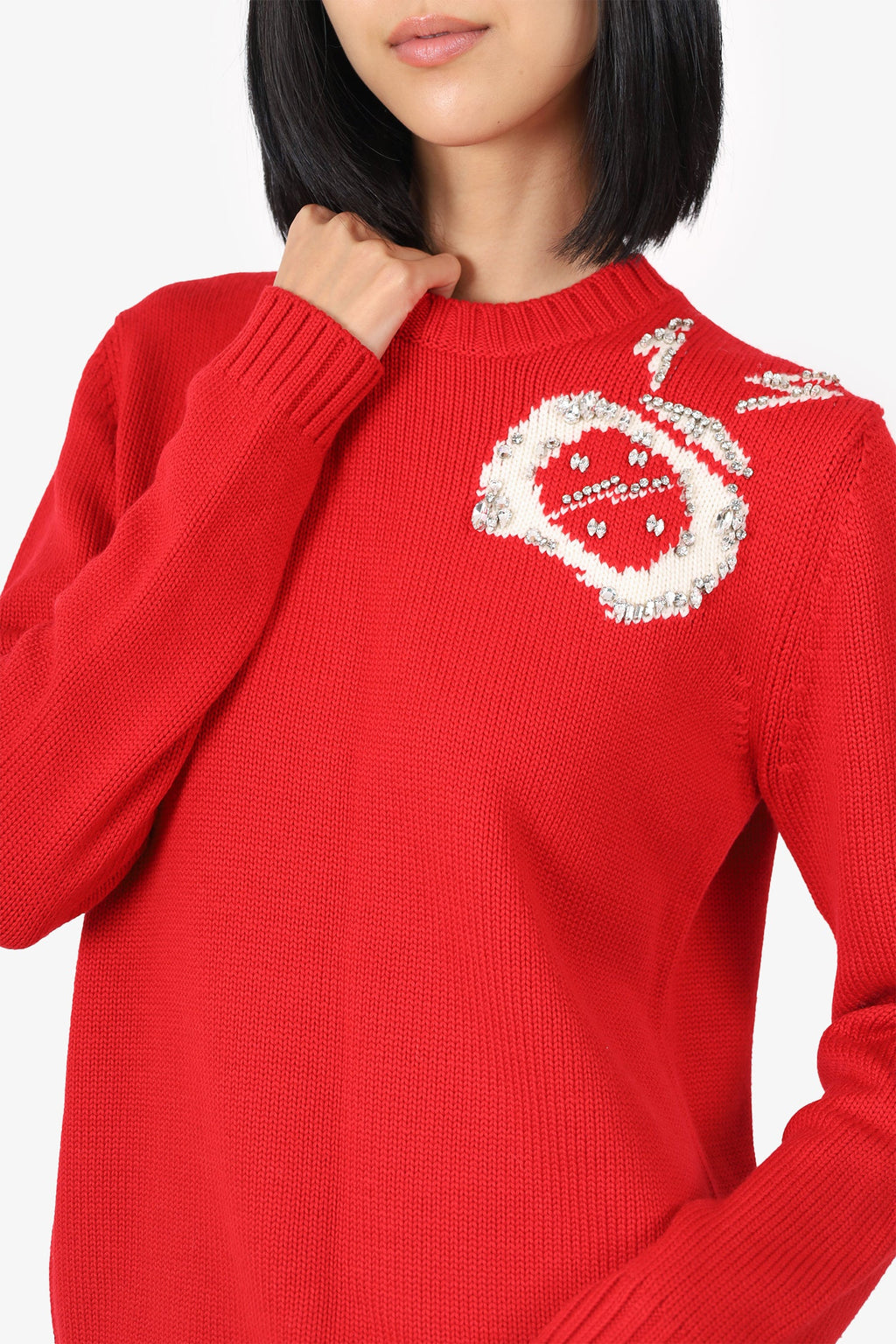 Miu Miu Red Wool Crystal Embellished Knit Sweater Size 44
