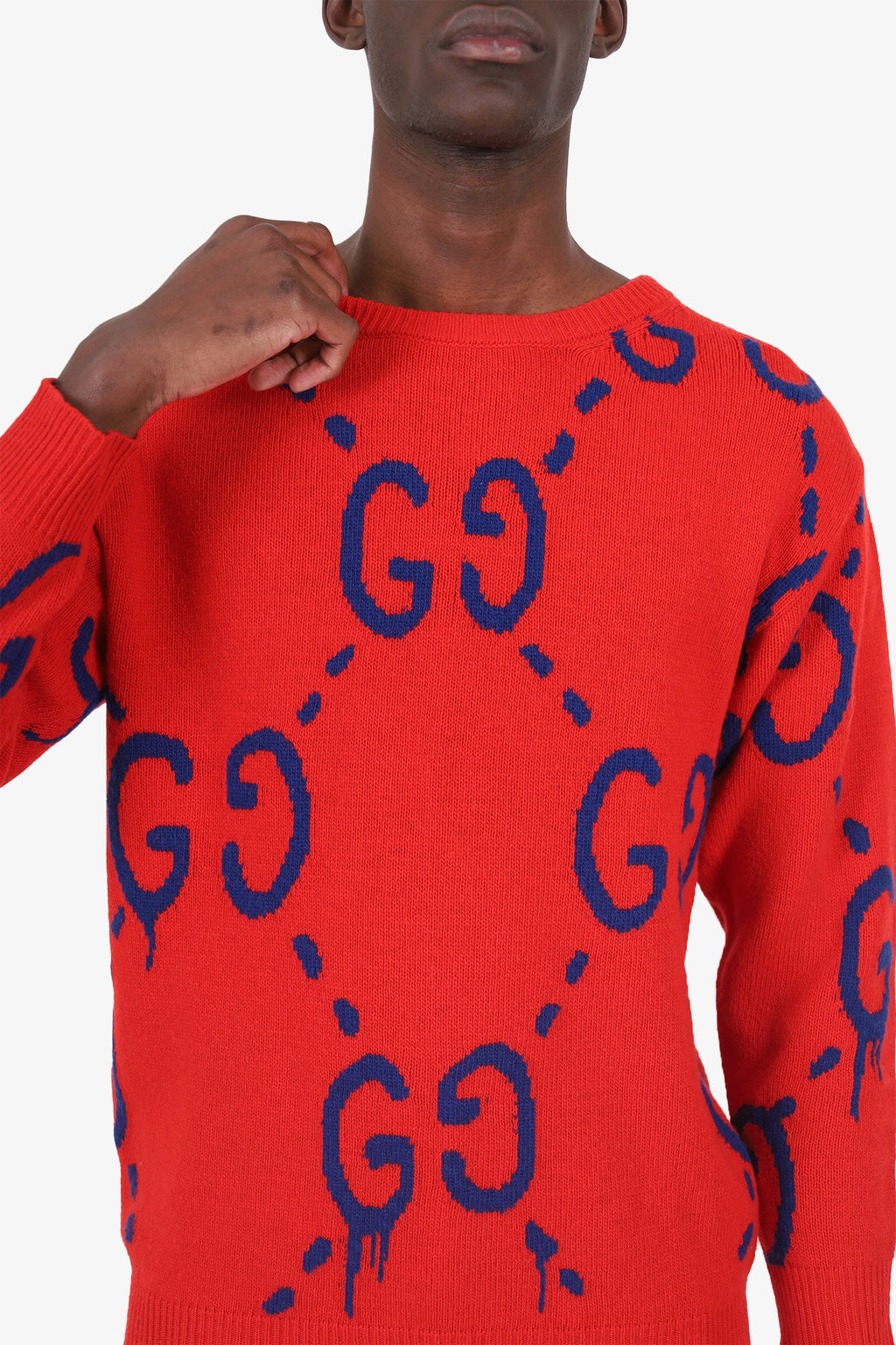 Gucci Red Blue GG Intarsia Knit Sweater Size XS