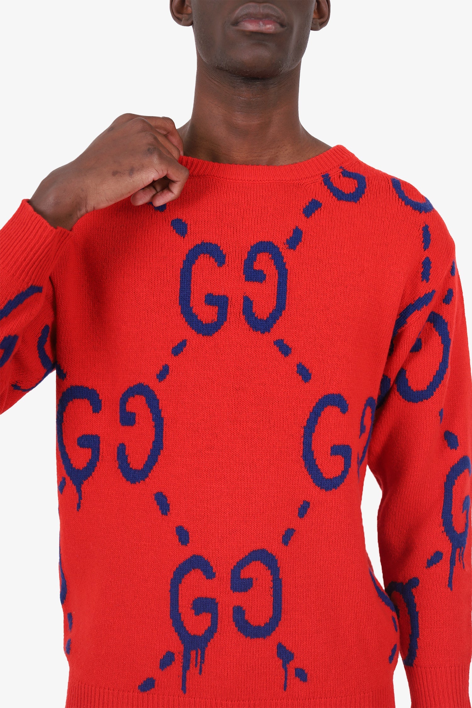 Gucci Red Blue GG Intarsia Knit Sweater Size XS