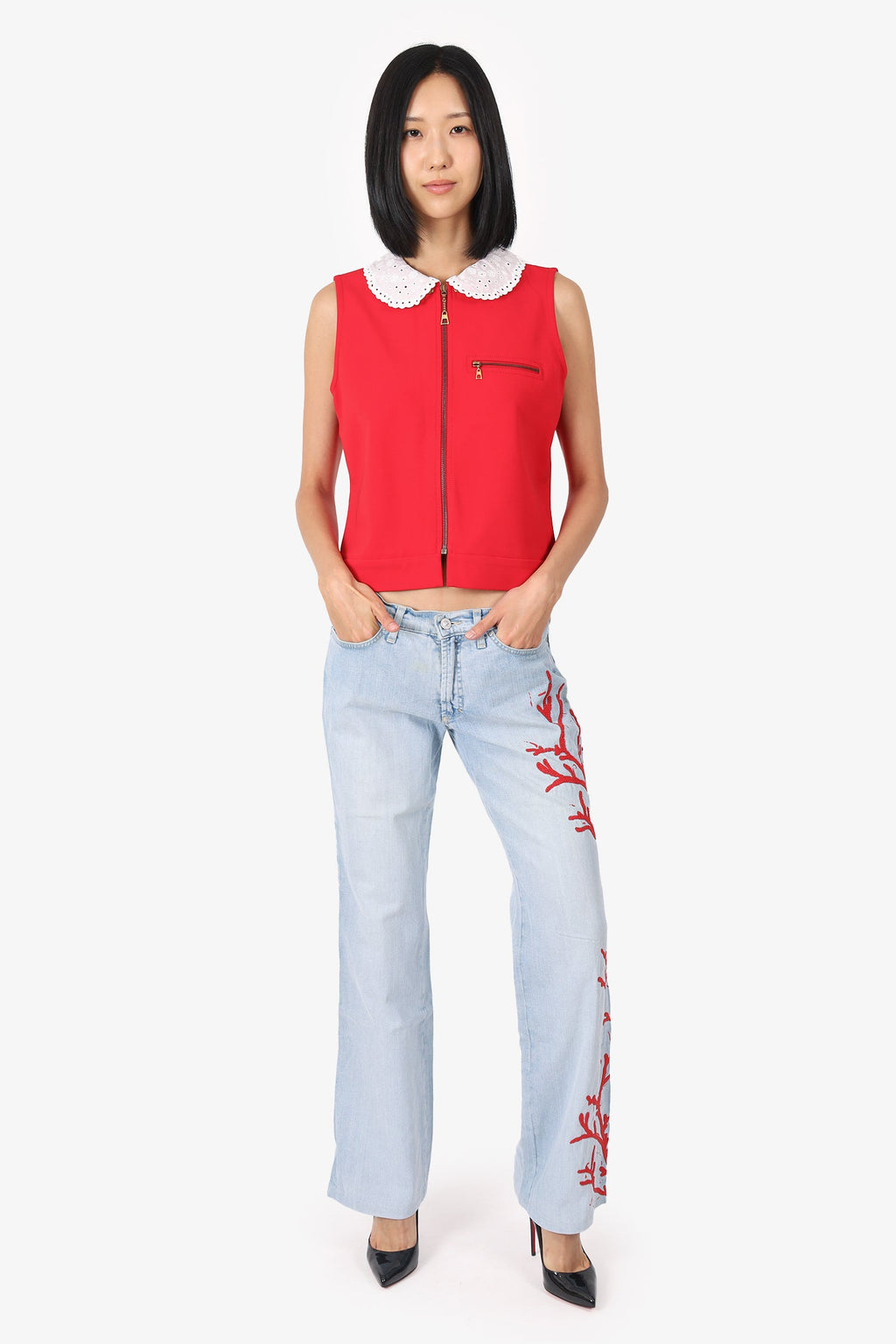 Versace Jeans Couture Blue/Red Beaded Corals Print Jeans Size 27