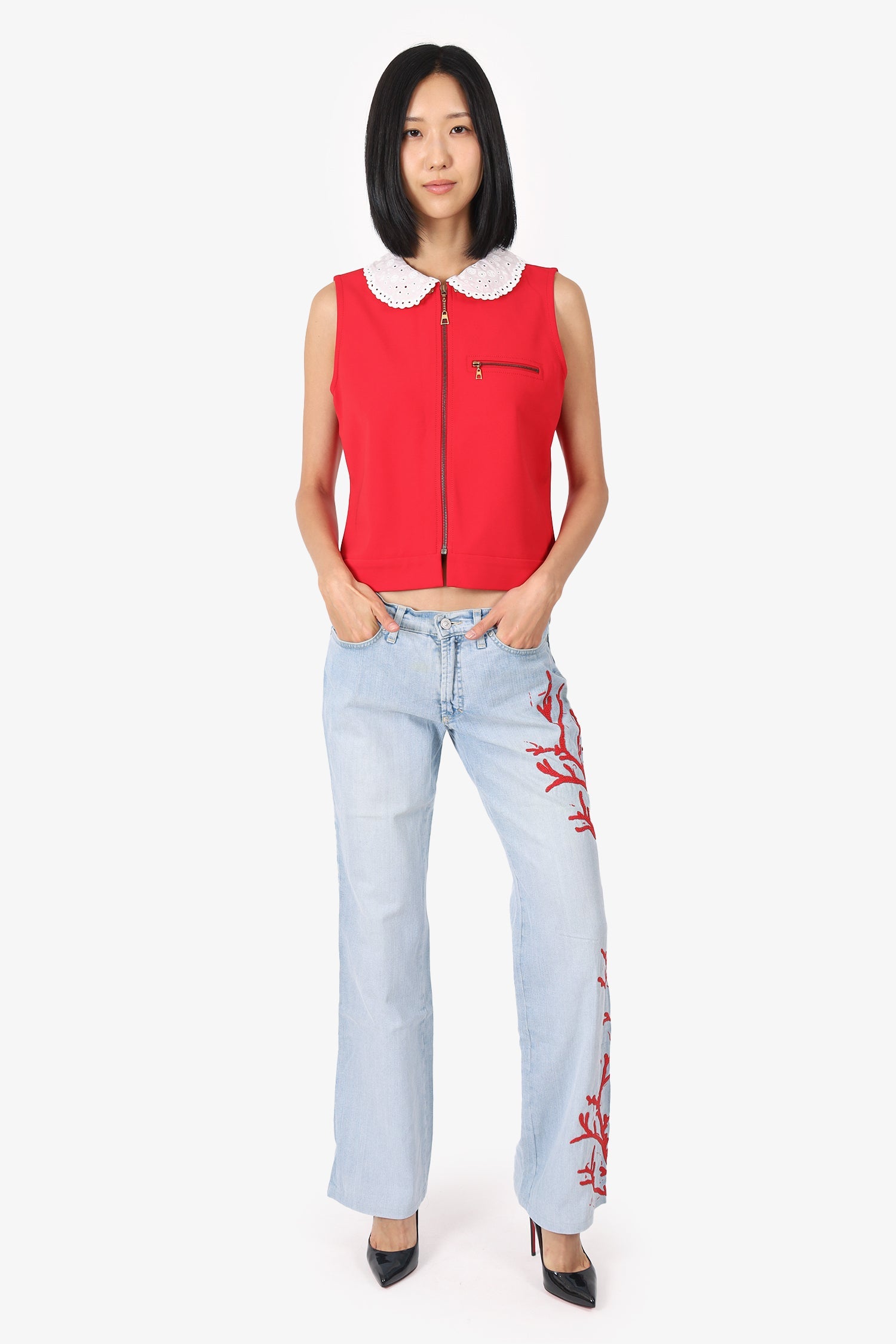 Versace Jeans Couture Blue/Red Beaded Corals Print Jeans Size 27