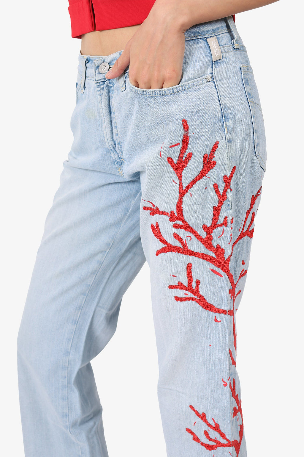 Versace Jeans Couture Blue/Red Beaded Corals Print Jeans Size 27