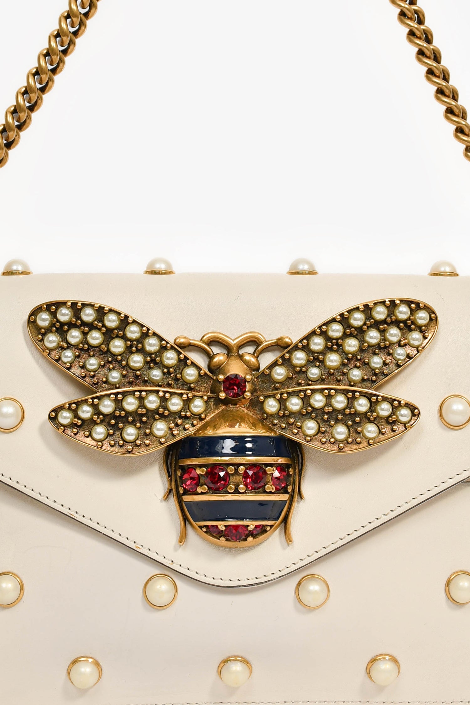 Gucci White Leather Pearl Studded Mini Broadway Bee Shoulder Bag with Web Strap